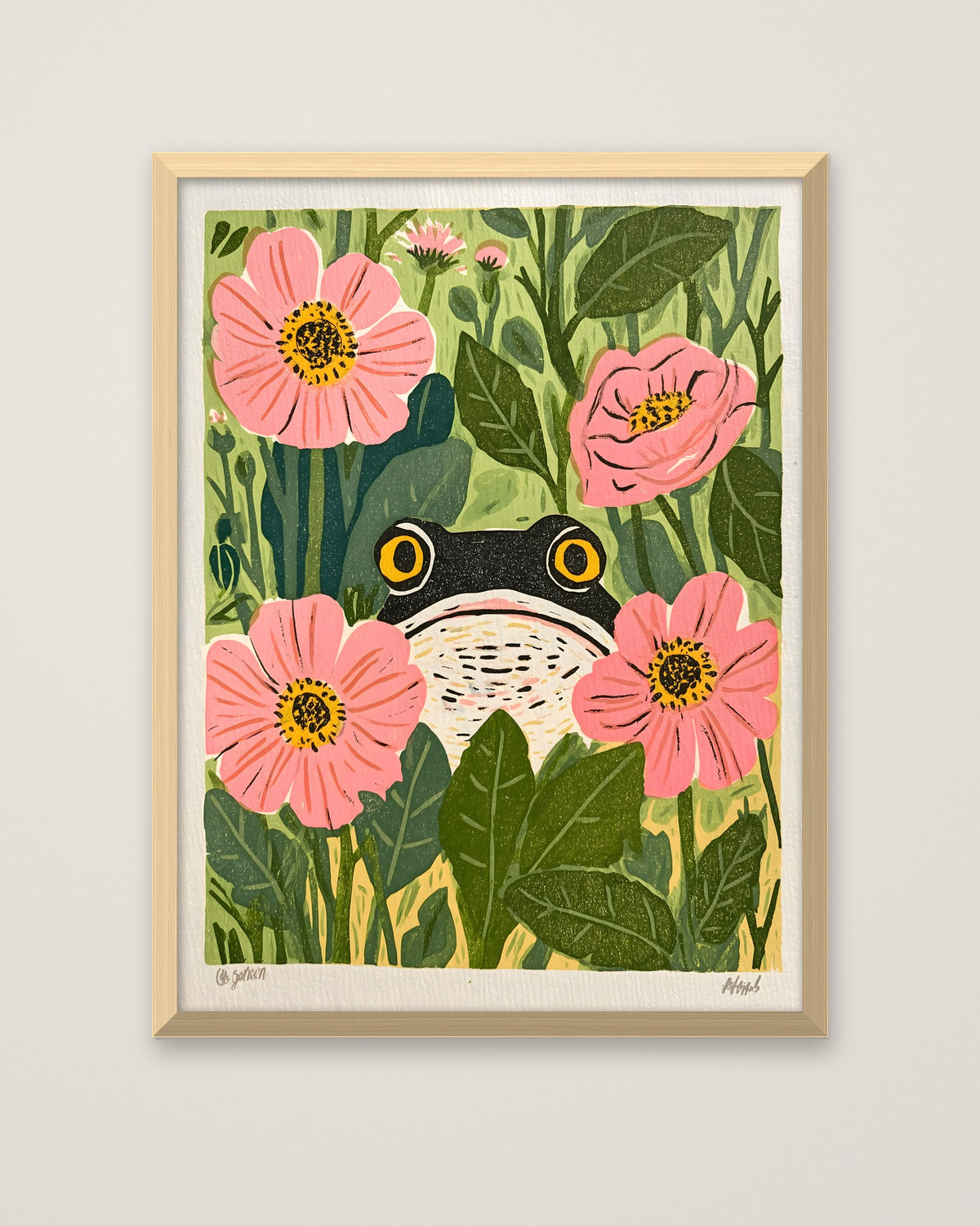 Frog Pink Flower Garden Art in a natural wood frame