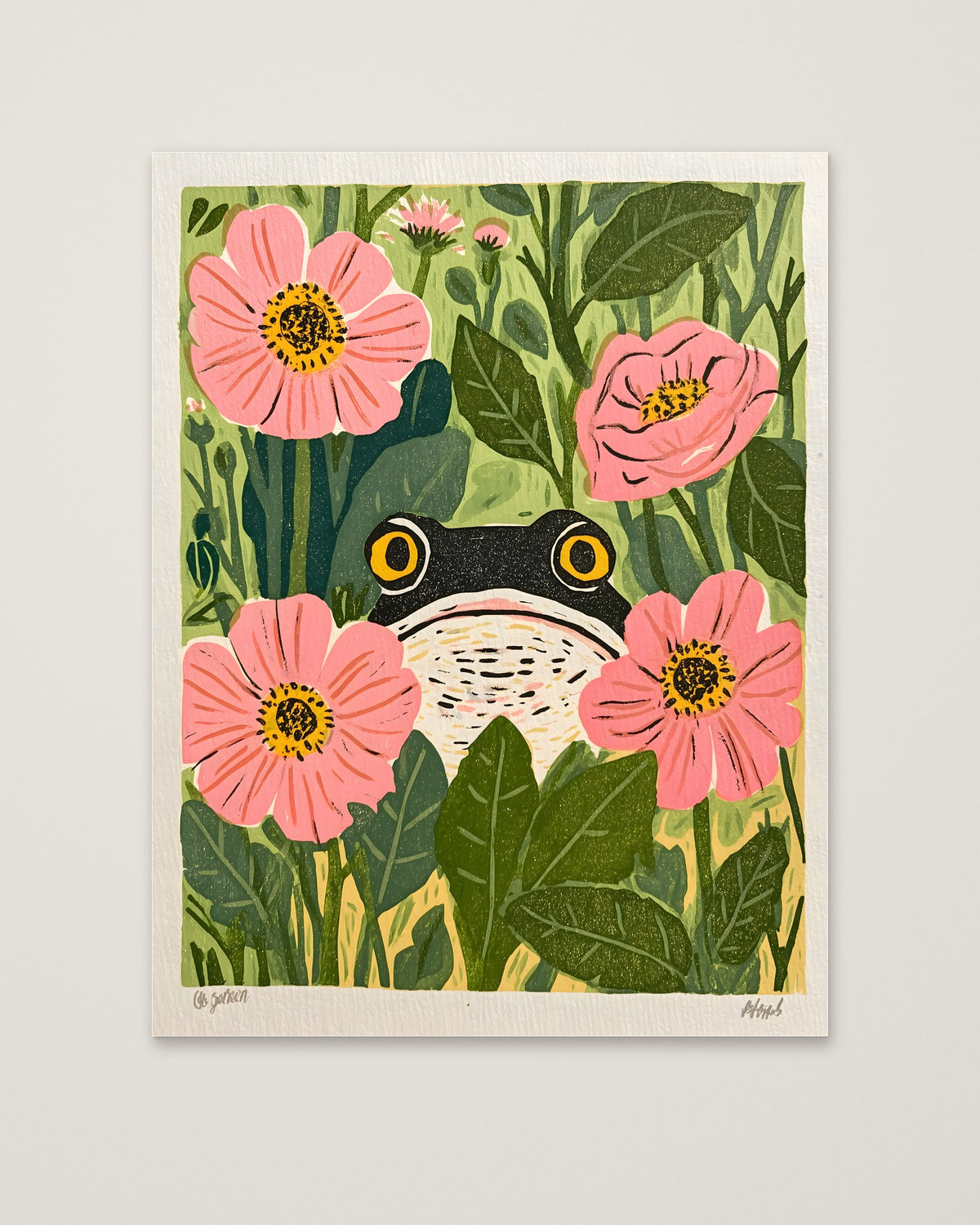 Frog Pink Flower Garden Art as an unframed matte paper print