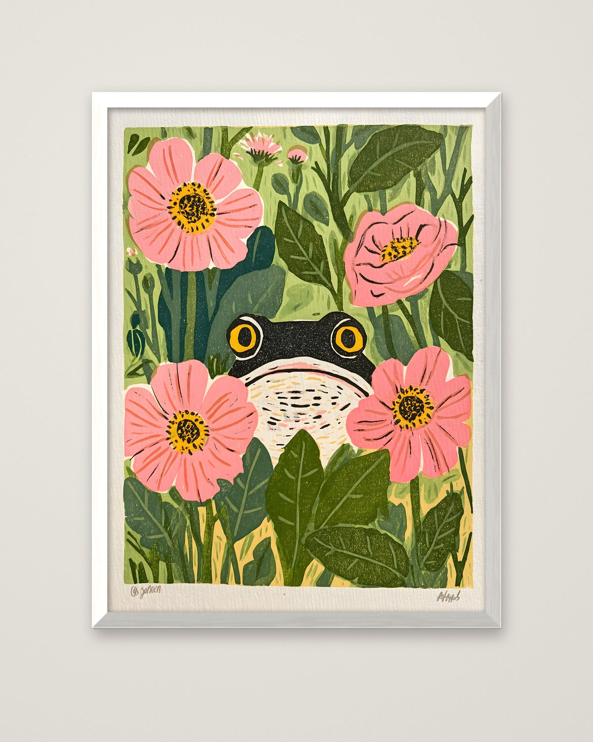 Frog Pink Flower Garden Art in a white frame