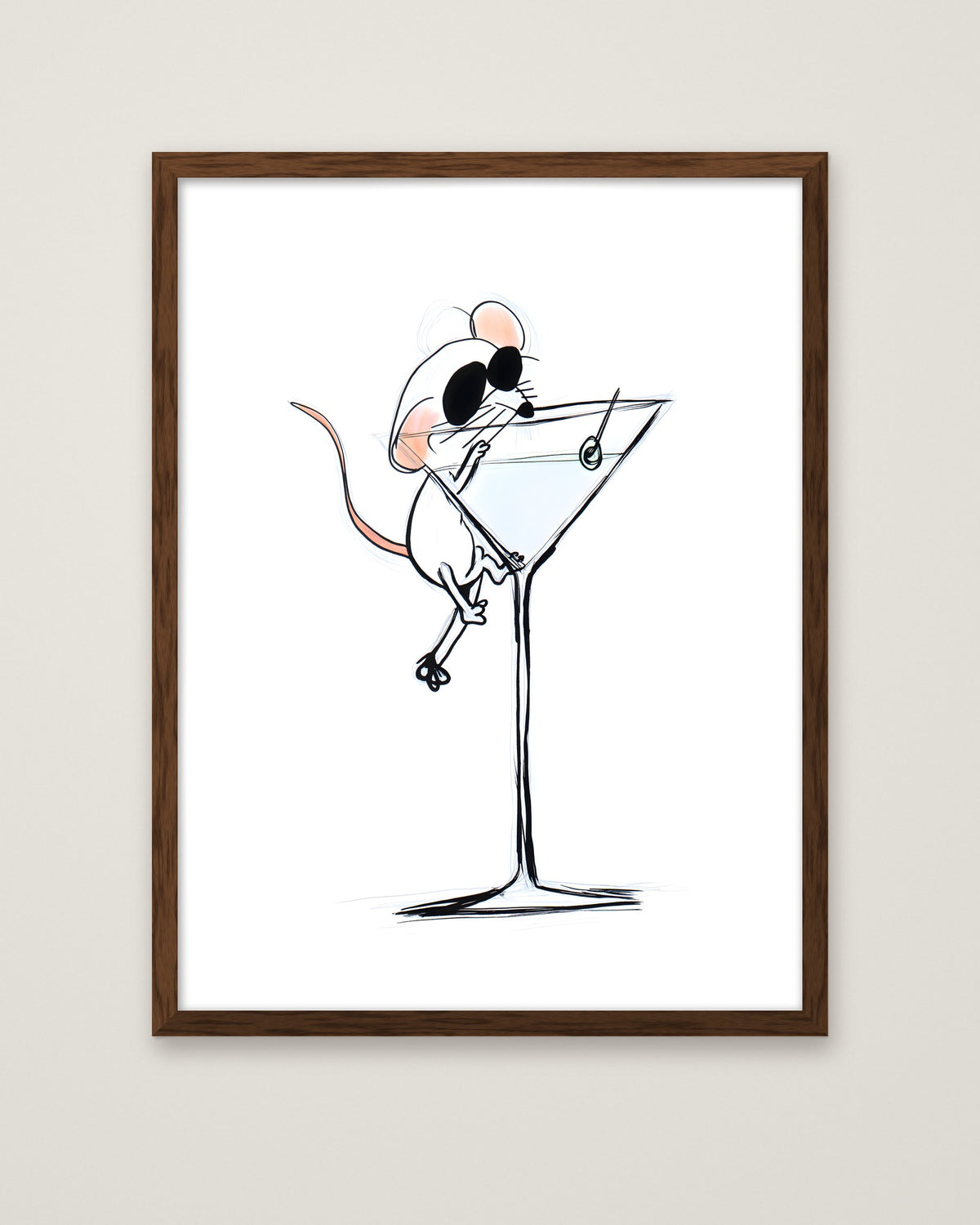 Funny Mouse Martini Art in a dark wood frame