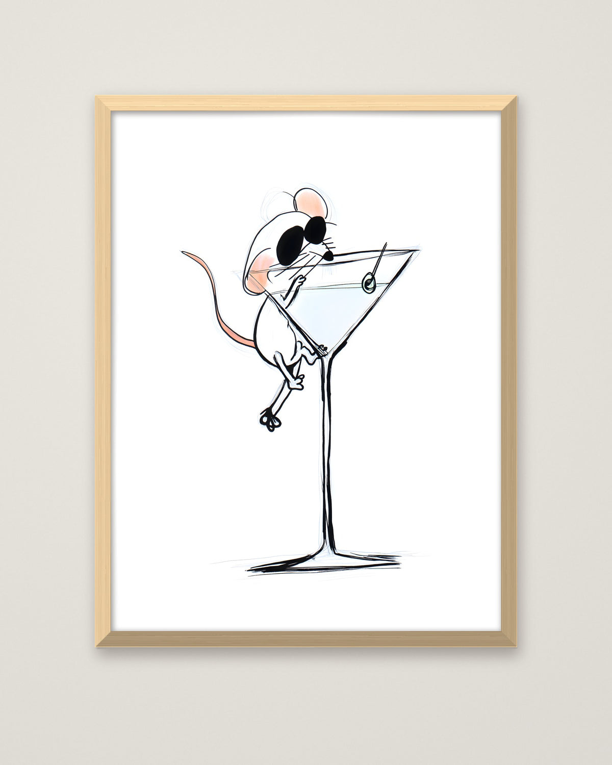 Funny Mouse Martini Art in a natural wood frame