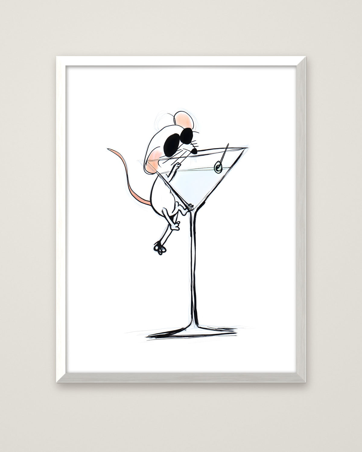 Funny Mouse Martini Art in a white frame