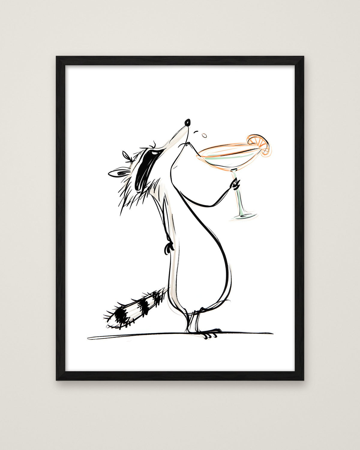 Funny Raccoon Cocktail Art in a black frame