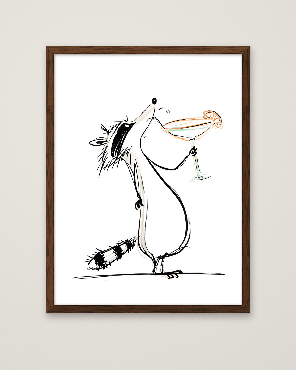 Funny Raccoon Cocktail Art in a dark wood frame