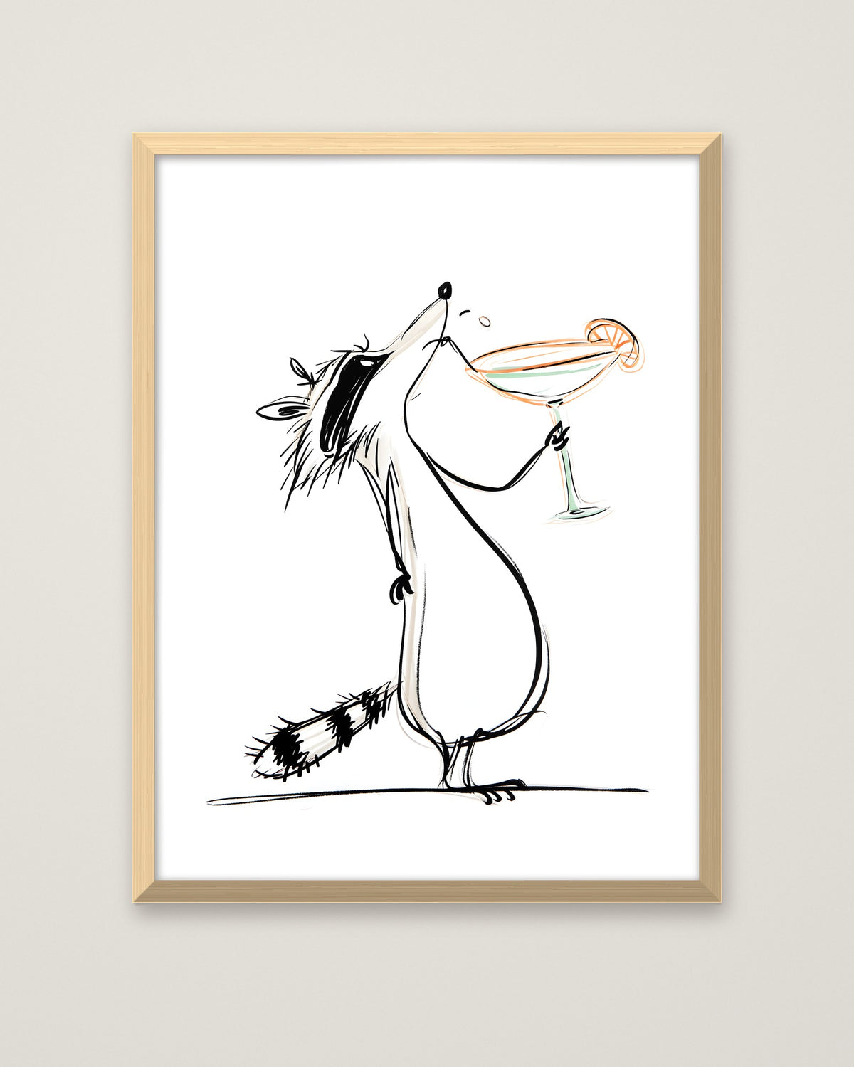 Funny Raccoon Cocktail Art in a natural wood frame
