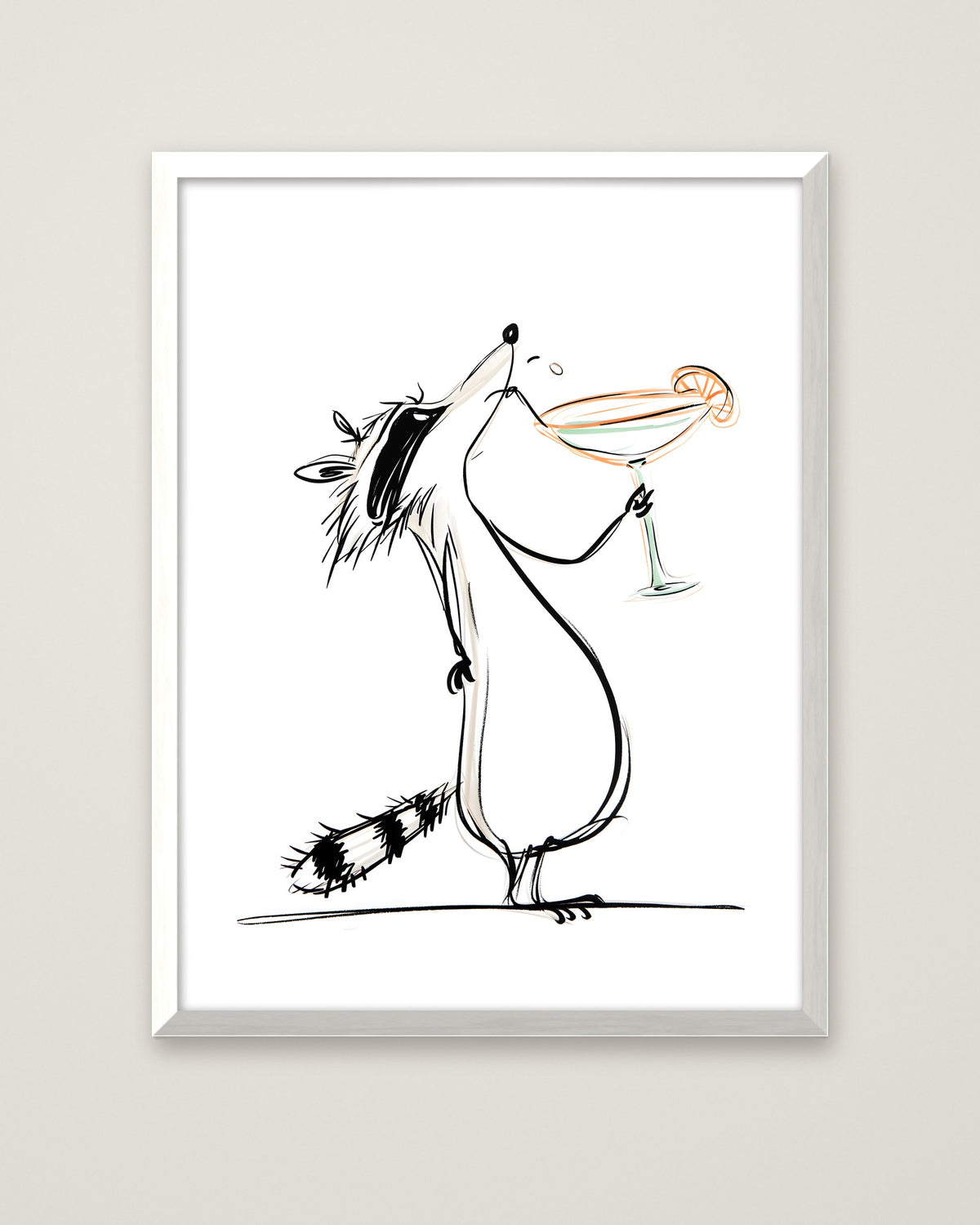 Funny Raccoon Cocktail Art in a white frame