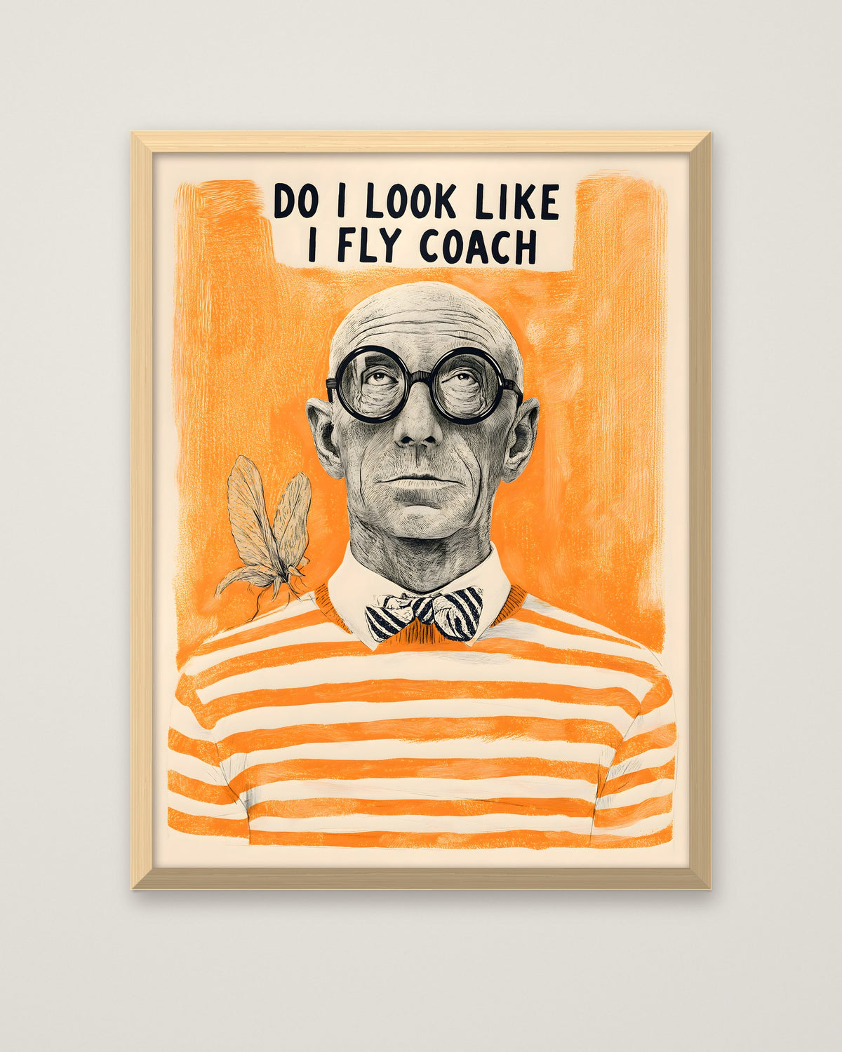 Funny Snobbish Man Portrait Art in a natural wood frame