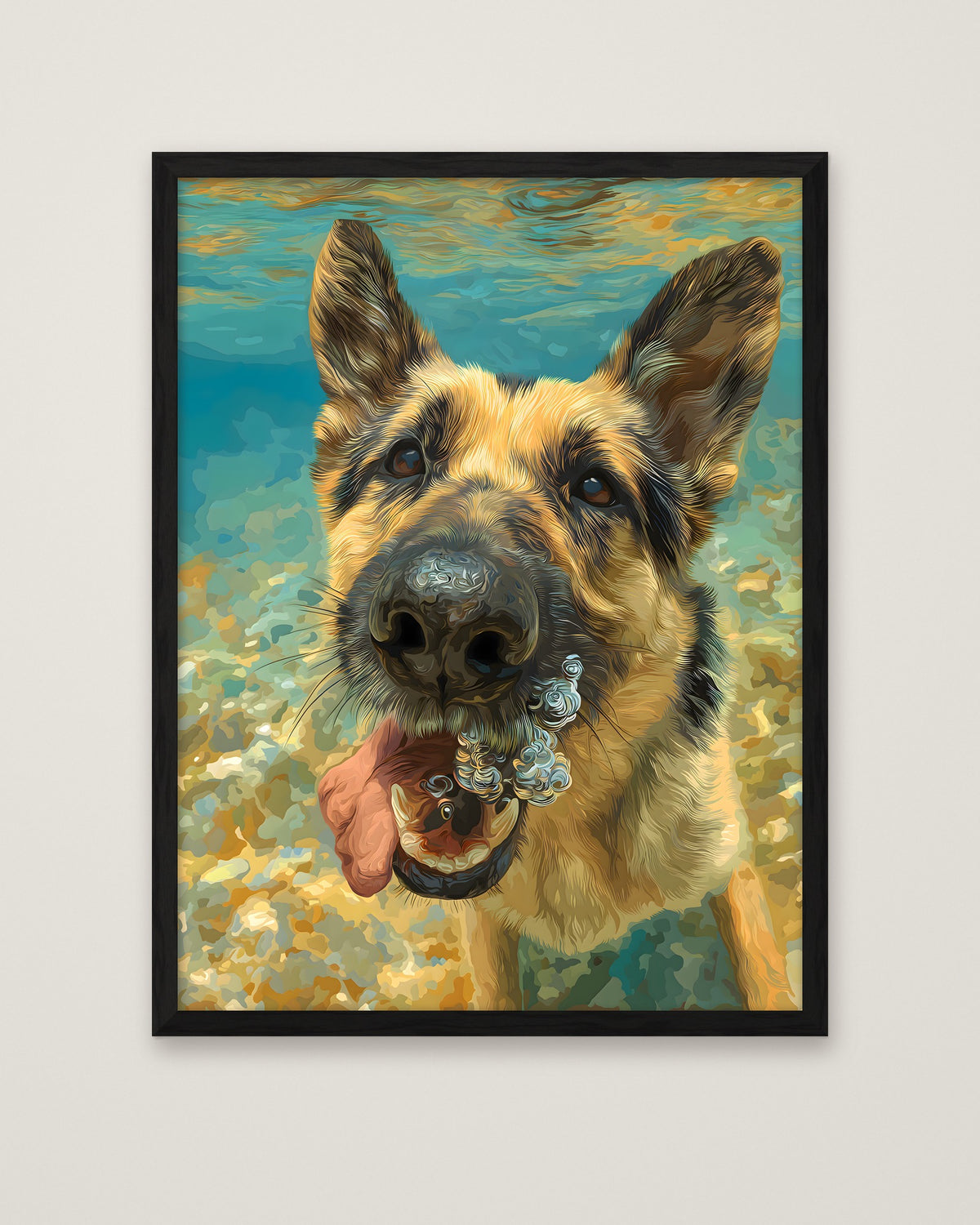 German Shepherd Underwater Dog Art in a black frame