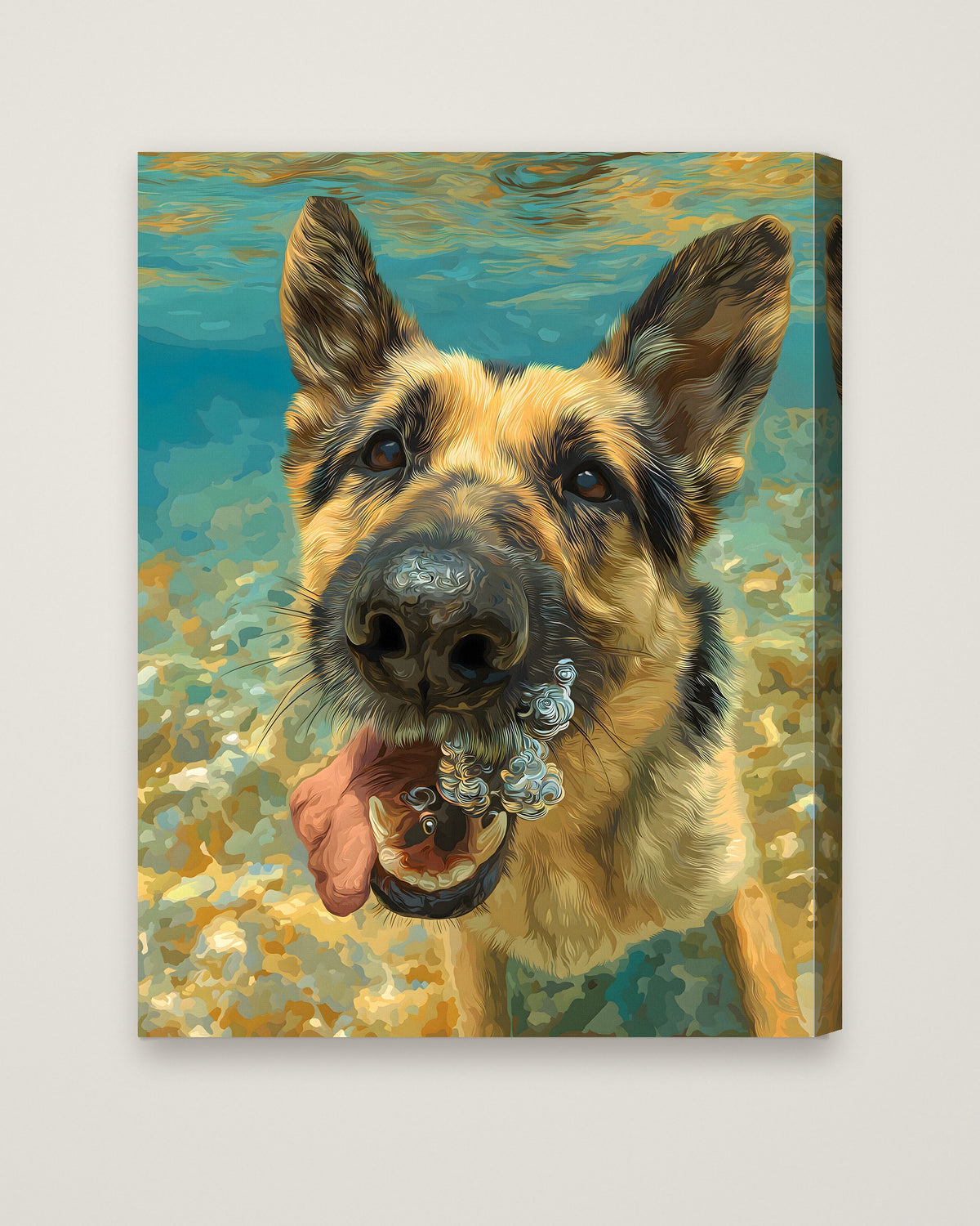 German Shepherd Underwater Dog Art as a stretched canvas