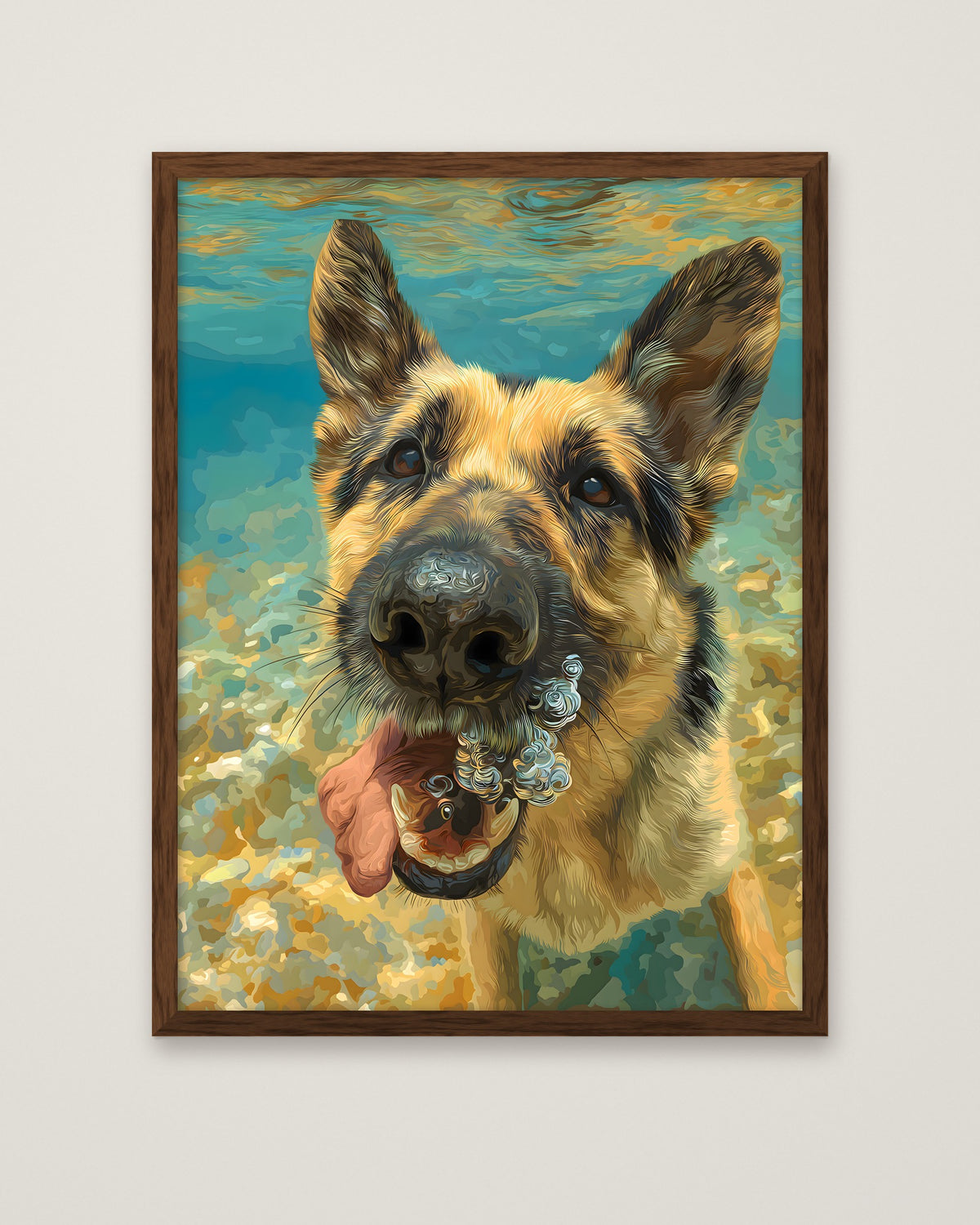 German Shepherd Underwater Dog Art in a dark wood frame