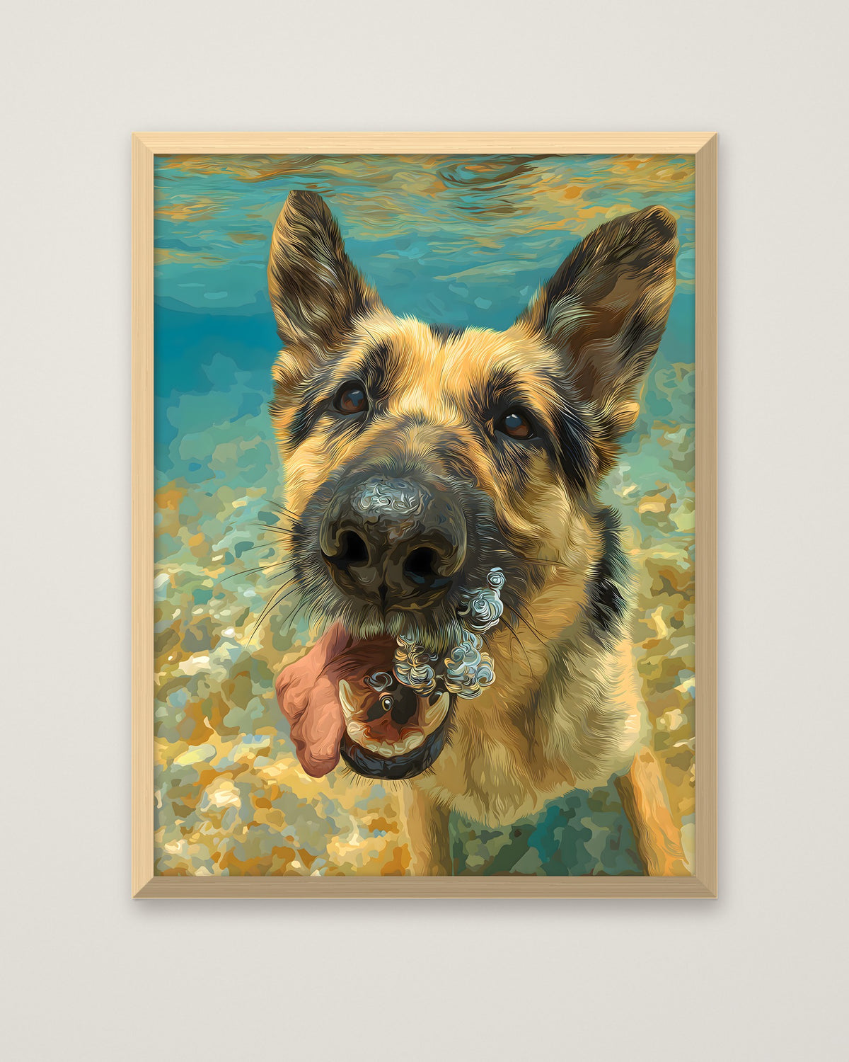 German Shepherd Underwater Dog Art in a natural wood frame