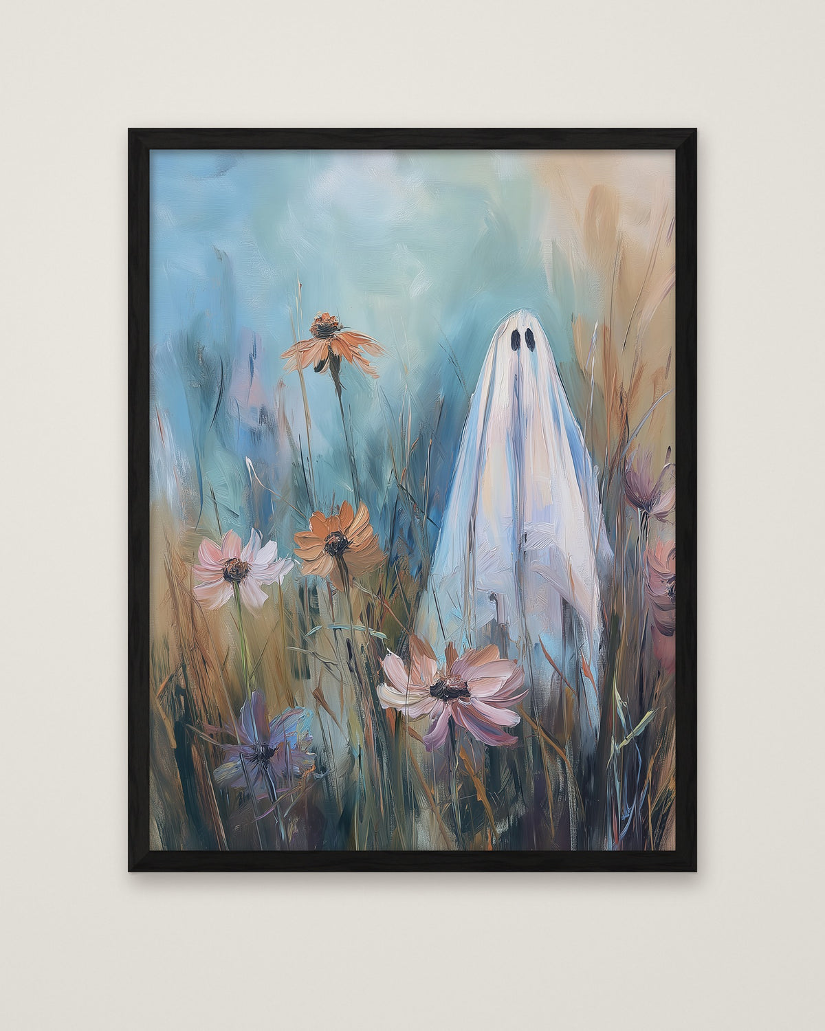 Ghost Wildflower Field Painting in a black frame