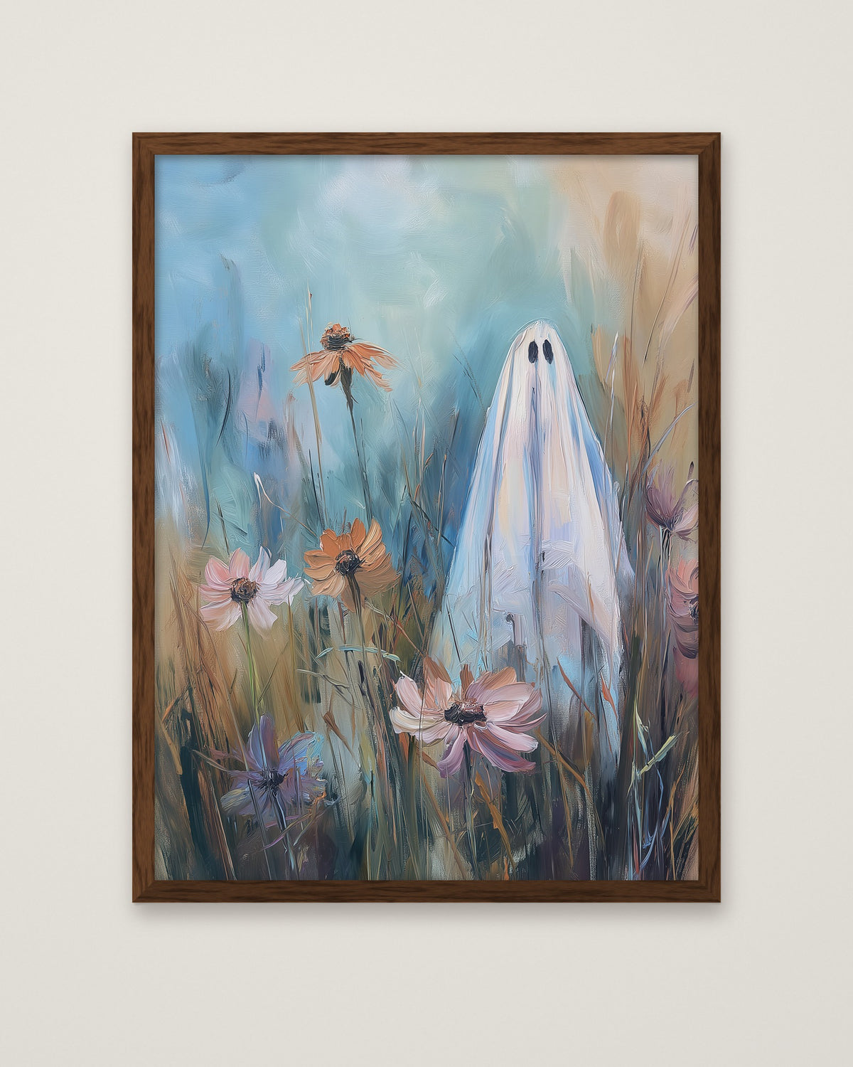 Ghost Wildflower Field Painting in a dark wood frame