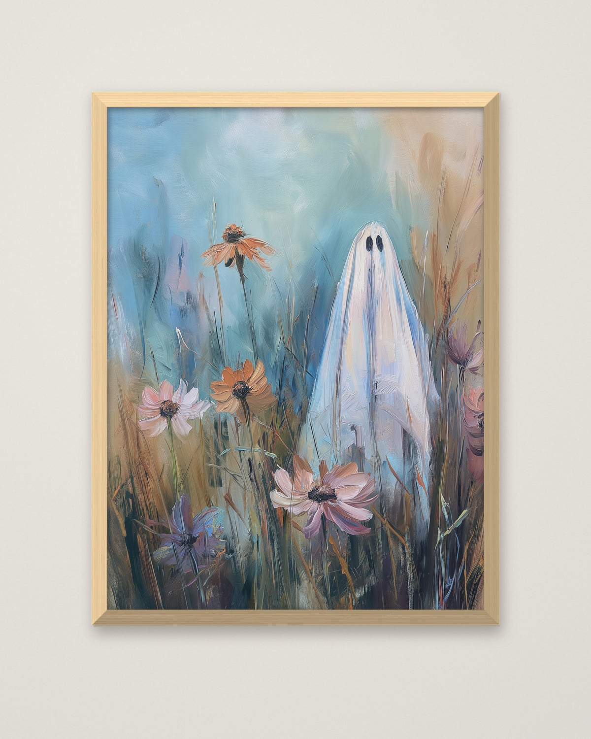 Ghost Wildflower Field Painting in a natural wood frame