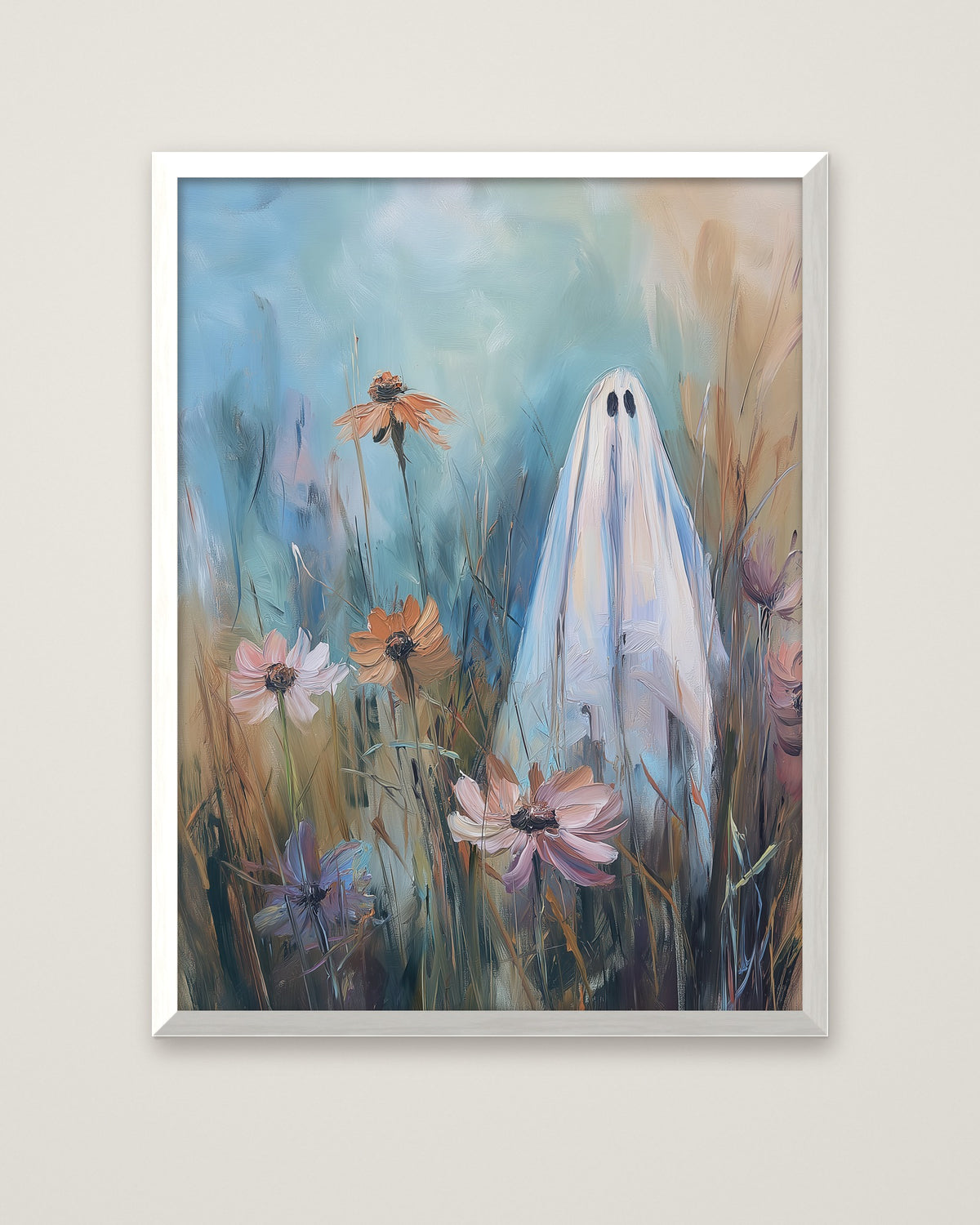 Ghost Wildflower Field Painting in a white frame