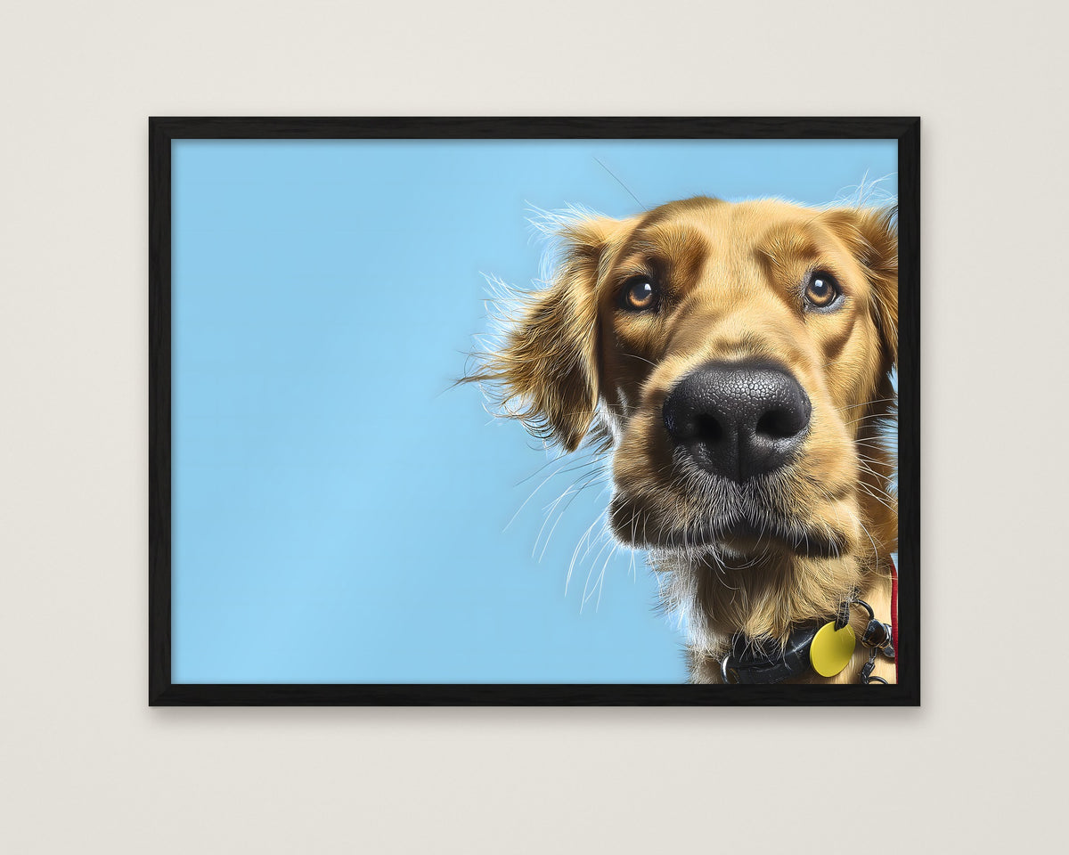 Golden Dog Portrait Art in a black frame