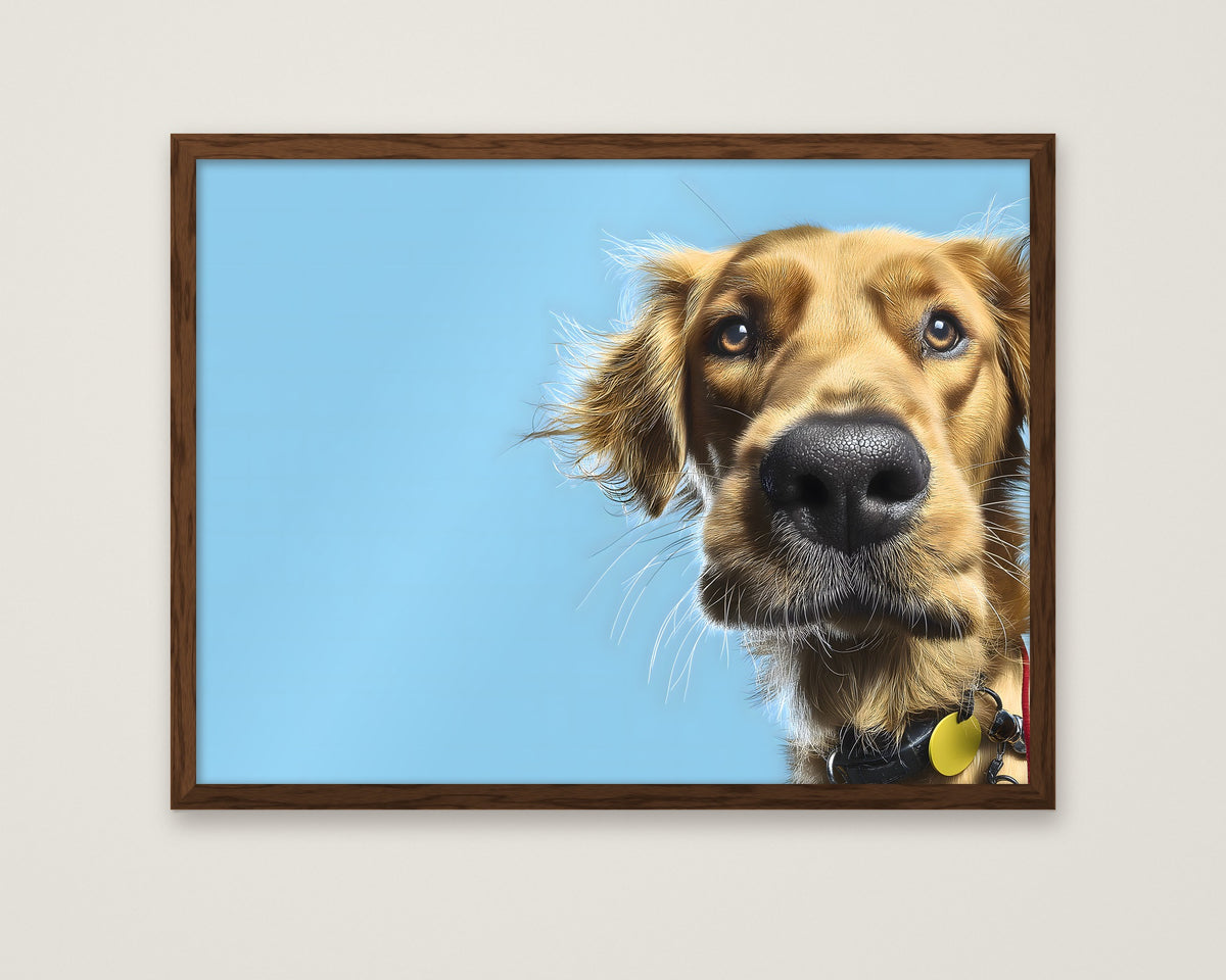 Golden Dog Portrait Art in a dark wood frame