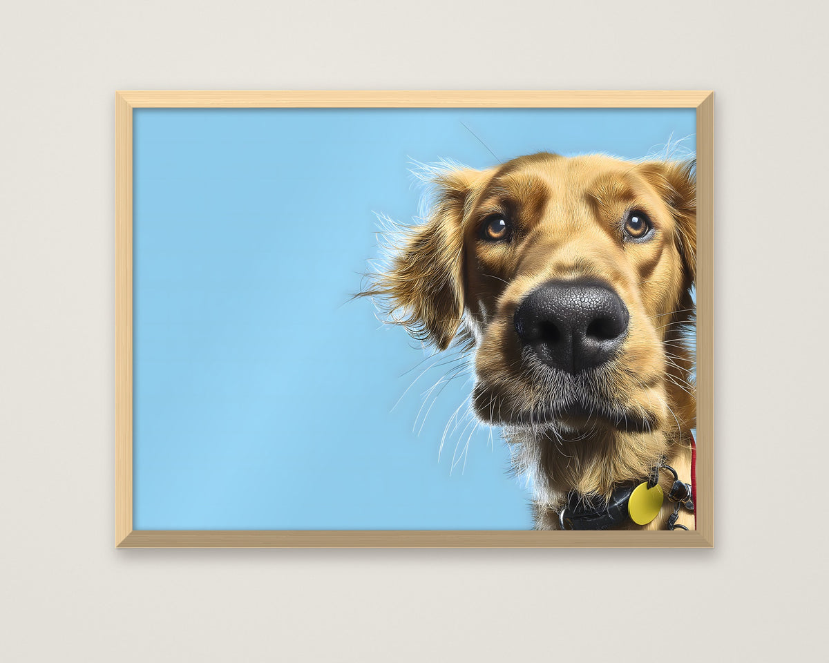Golden Dog Portrait Art in a natural wood frame