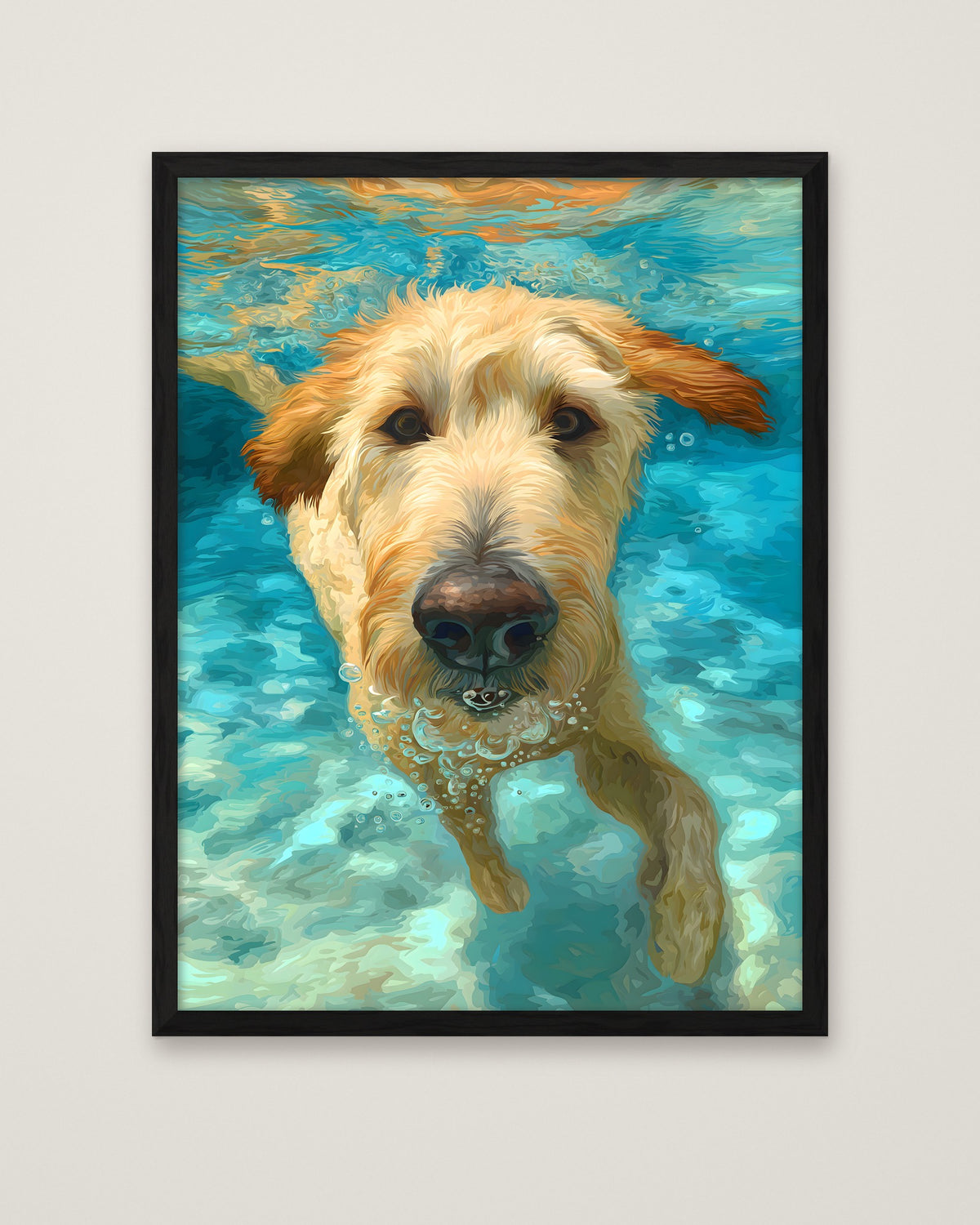 Goldendoodle Swimming Underwater Art in a black frame