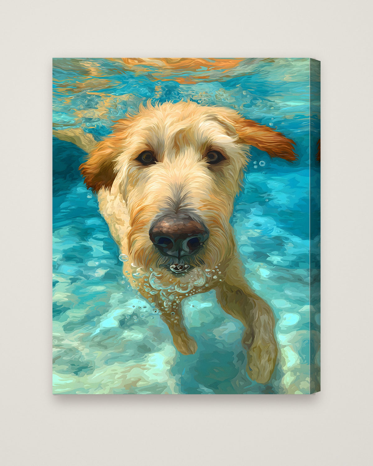 Goldendoodle Swimming Underwater Art as a stretched canvas
