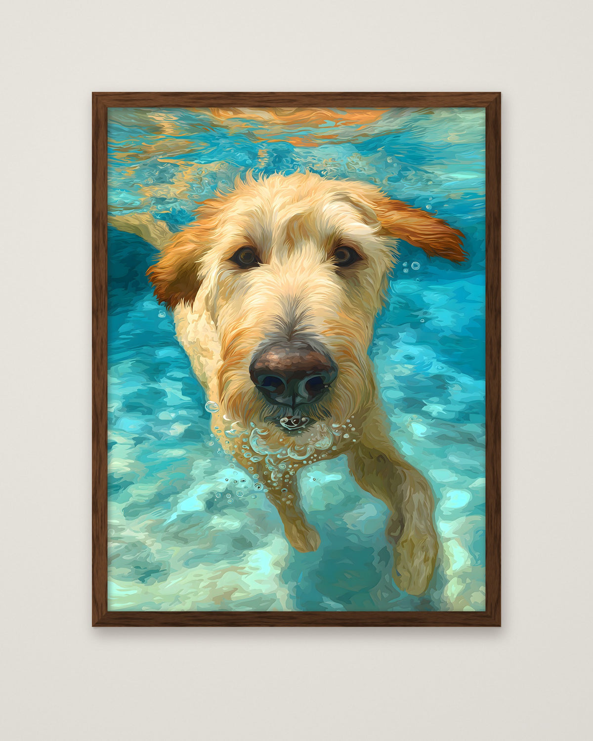 Goldendoodle Swimming Underwater Art in a dark wood frame