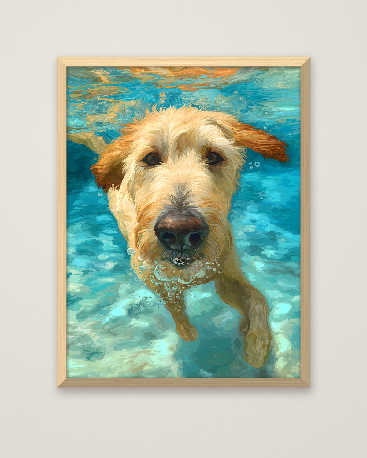 Goldendoodle Swimming Underwater Art in a natural wood frame