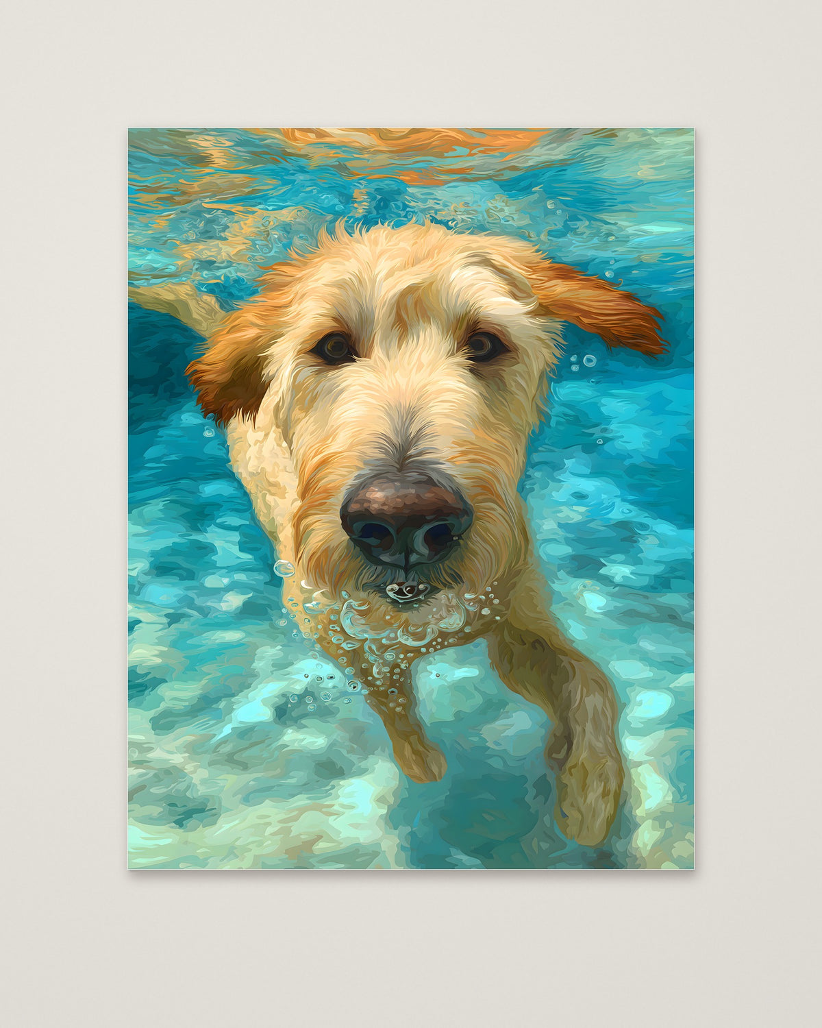 Goldendoodle Swimming Underwater Art as an unframed matte paper print