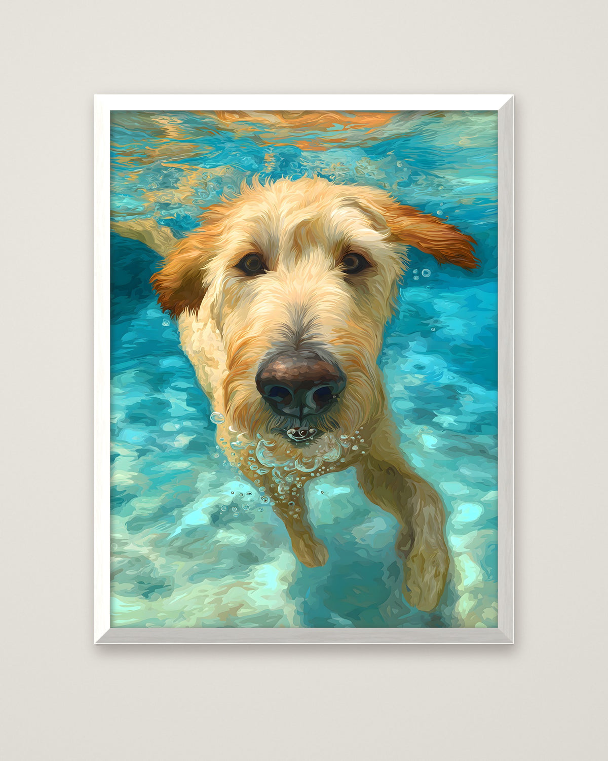 Goldendoodle Swimming Underwater Art in a white frame