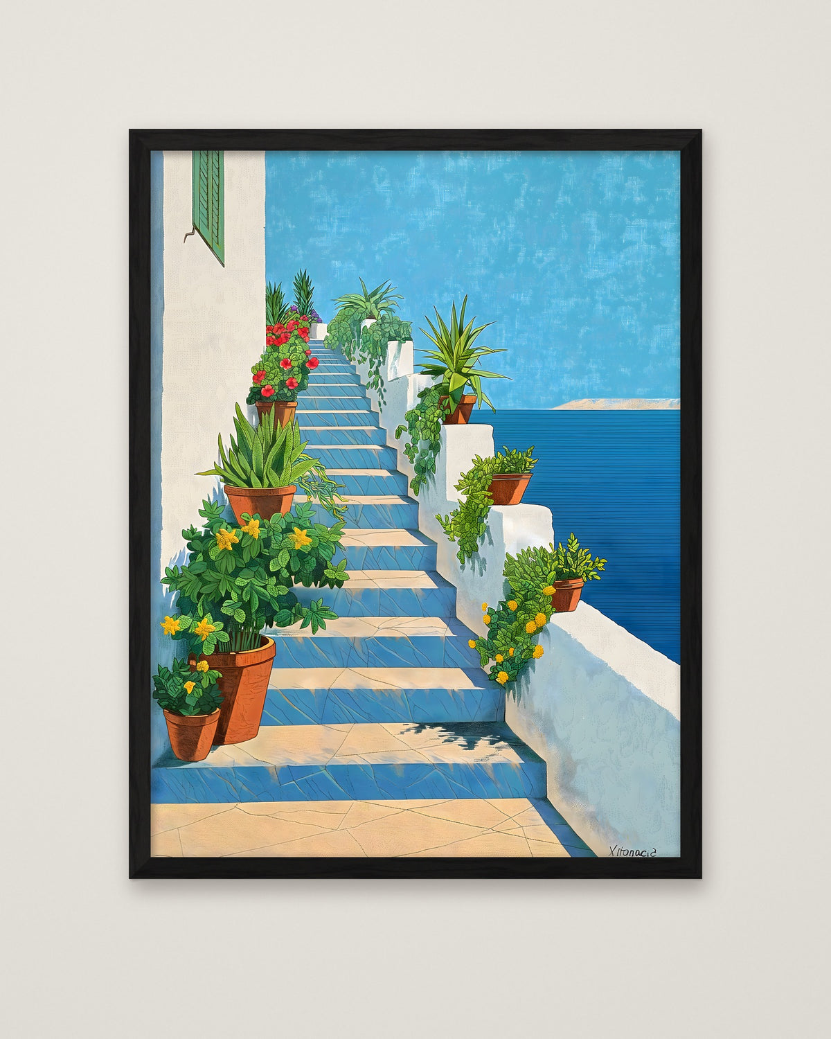Greek Island Staircase Botanical Art in a black frame