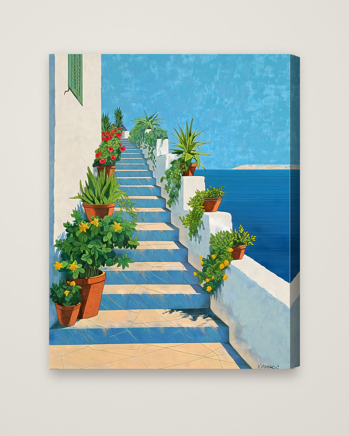 Greek Island Staircase Botanical Art as a stretched canvas