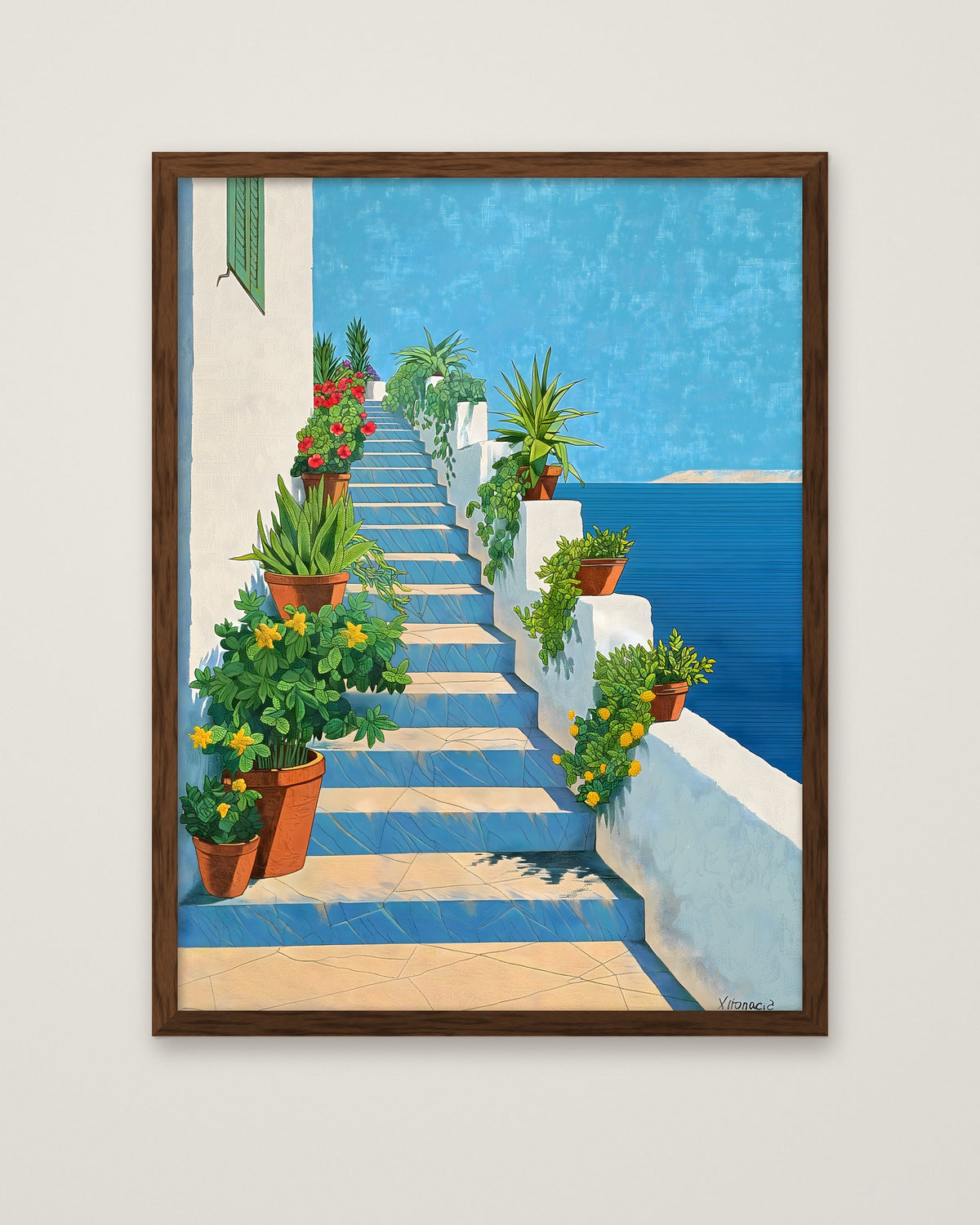 Greek Island Staircase Botanical Art in a dark wood frame