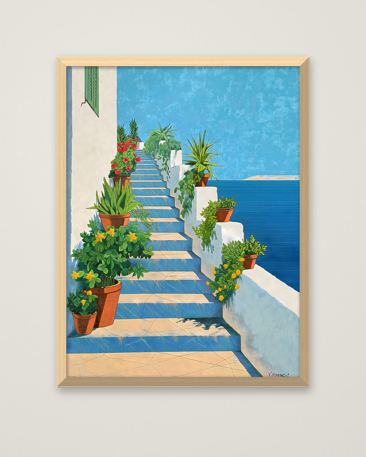 Greek Island Staircase Botanical Art in a natural wood frame