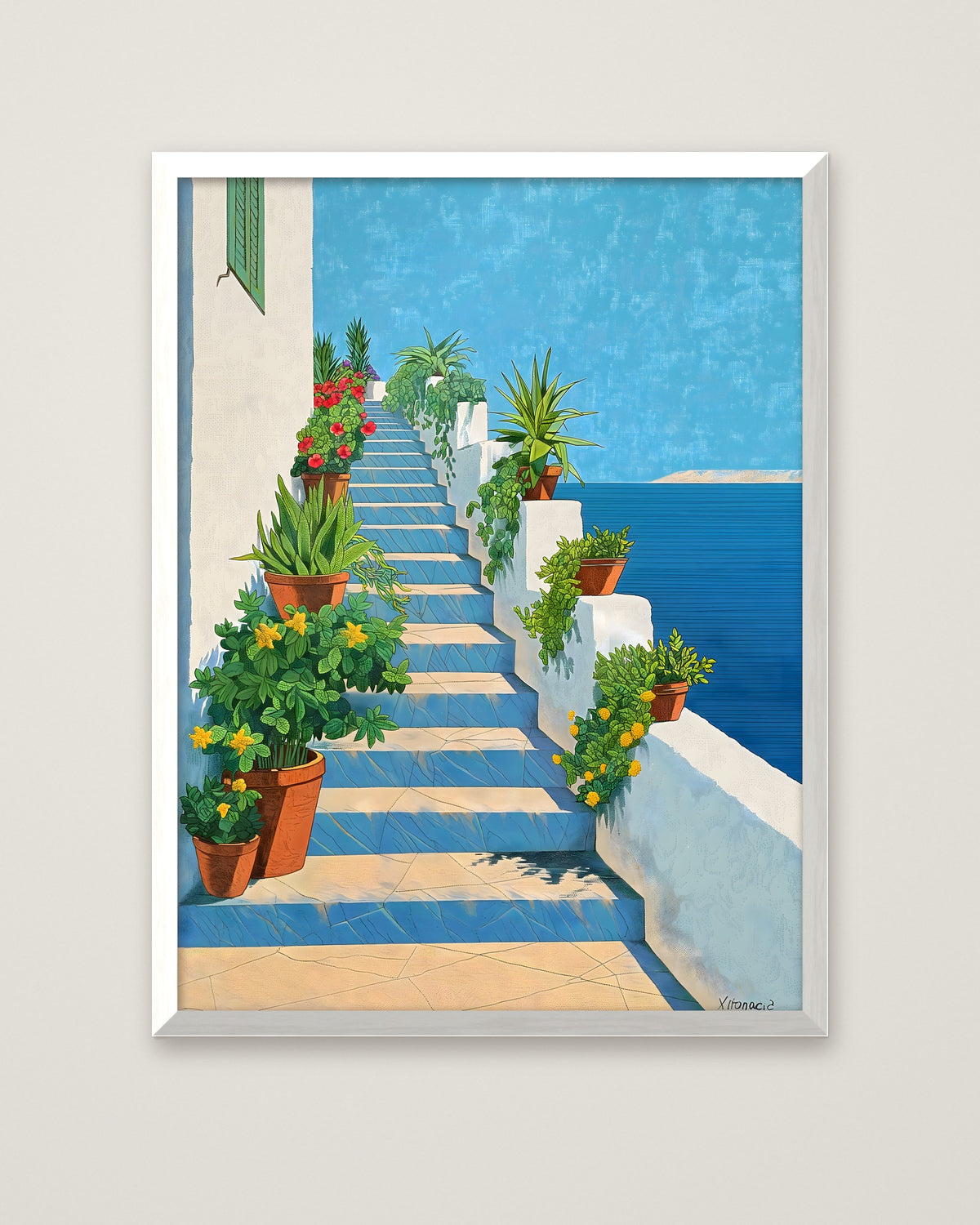 Greek Island Staircase Botanical Art in a white frame