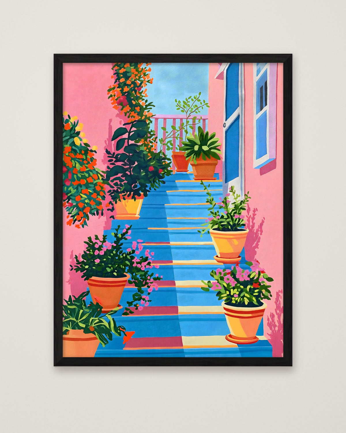 Greek Island Stairway Botanical Art in a black frame