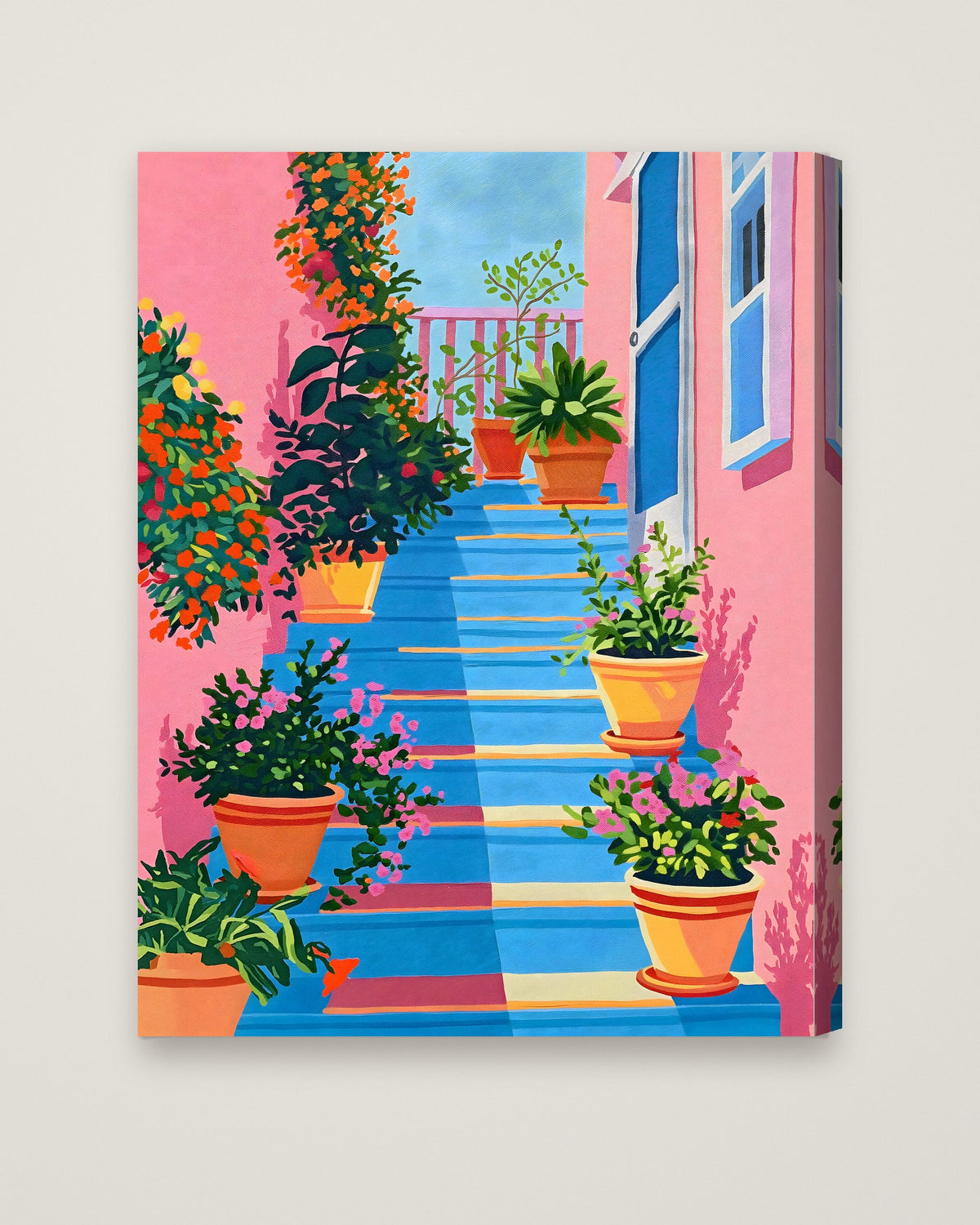 Greek Island Stairway Botanical Art as a stretched canvas