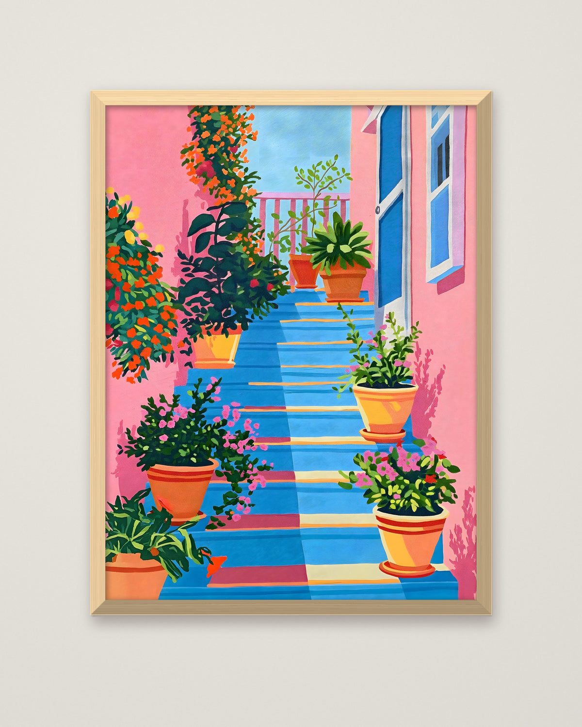 Greek Island Stairway Botanical Art in a natural wood frame