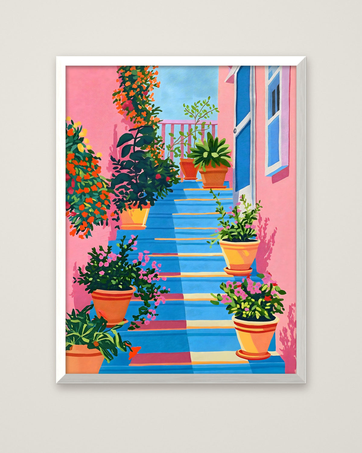 Greek Island Stairway Botanical Art in a white frame