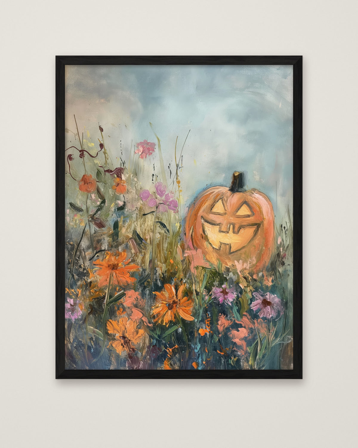 Halloween Pumpkin Wildflower Painting in a black frame