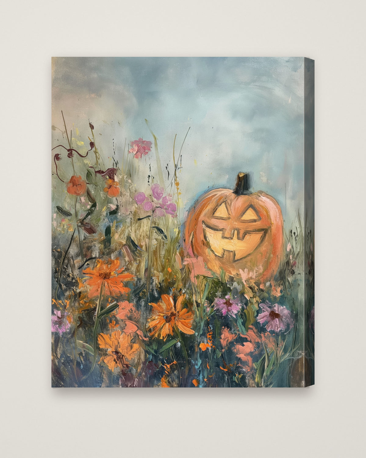 Halloween Pumpkin Wildflower Painting as a stretched canvas