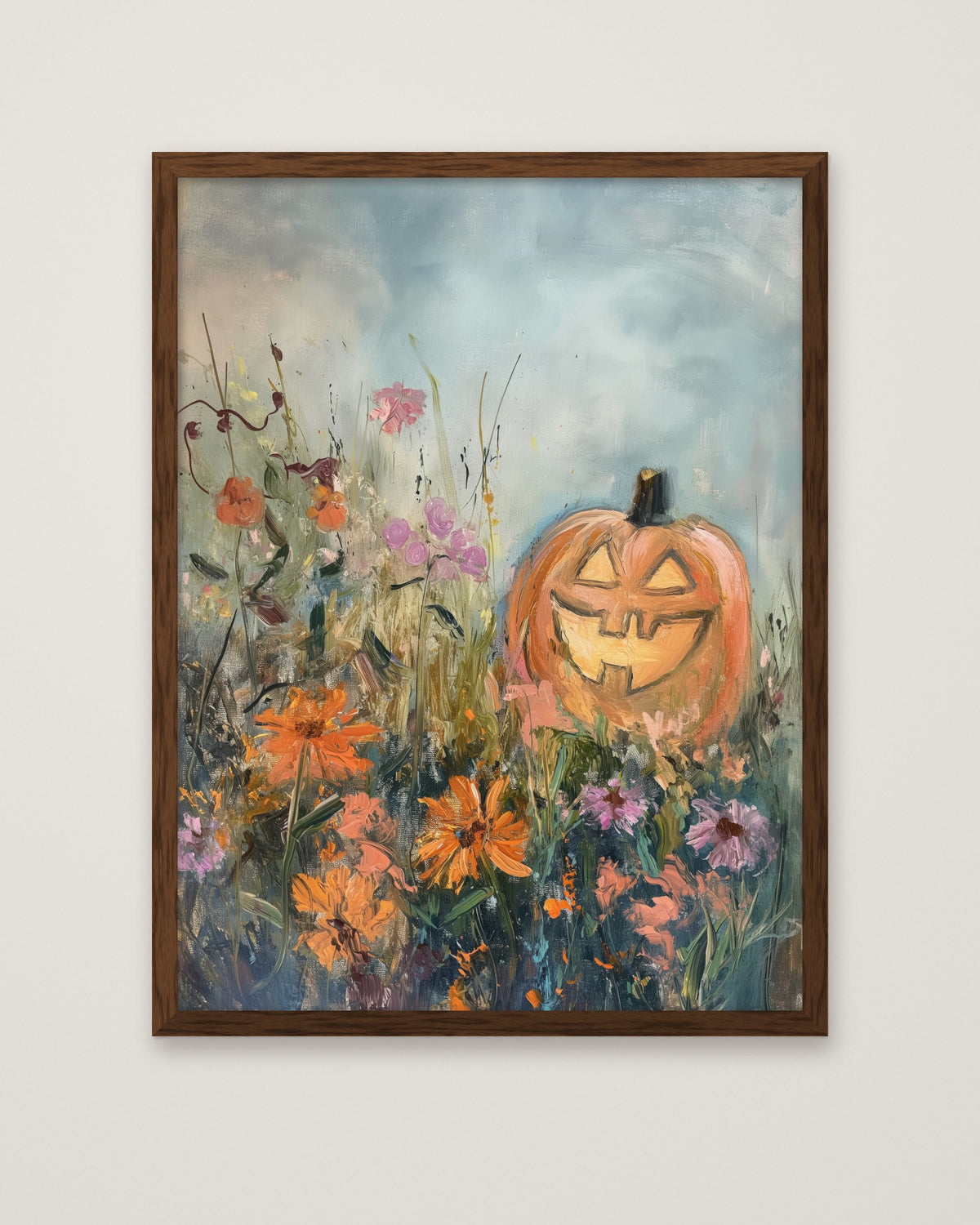 Halloween Pumpkin Wildflower Painting in a dark wood frame
