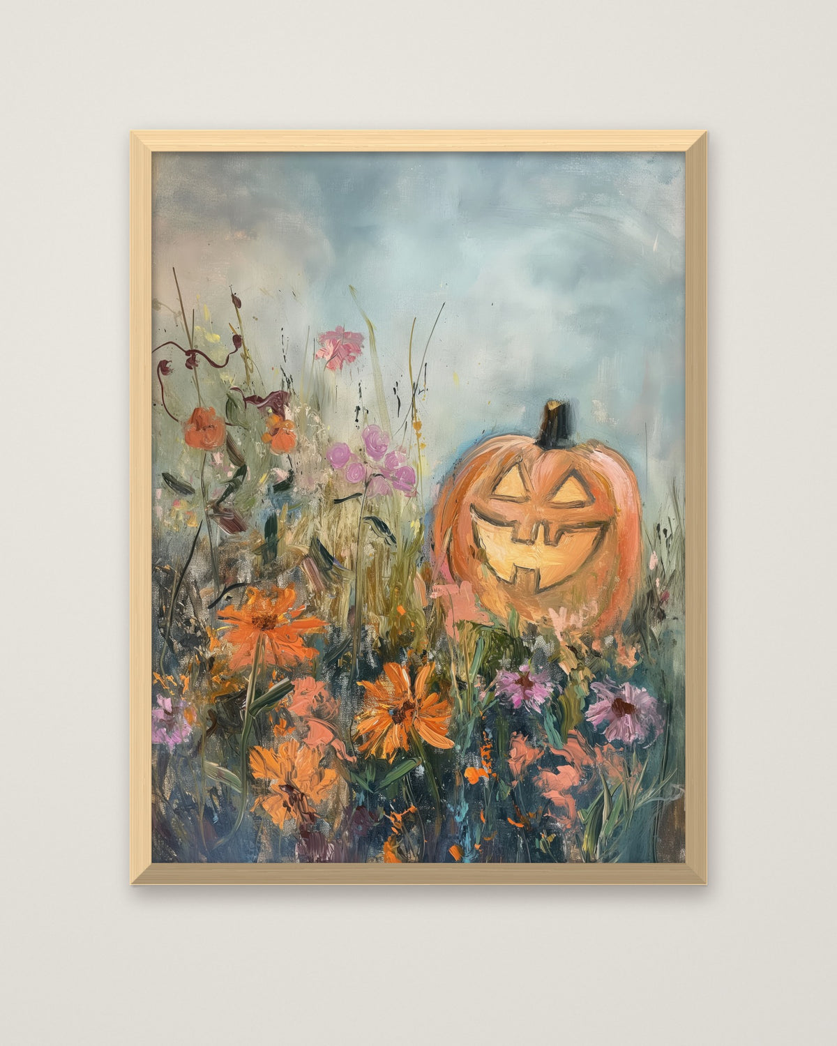Halloween Pumpkin Wildflower Painting in a natural wood frame