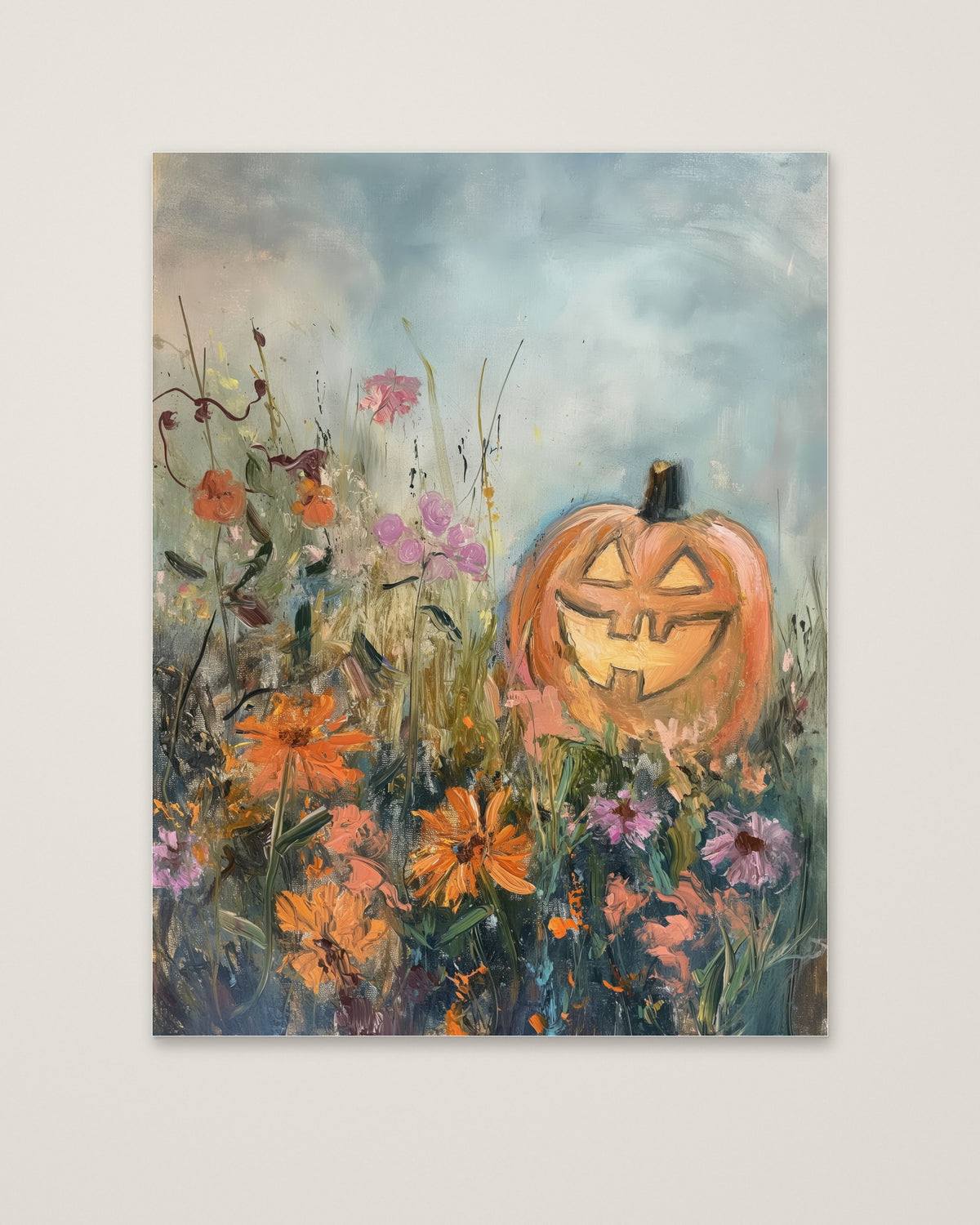 Halloween Pumpkin Wildflower Painting as an unframed matte paper print