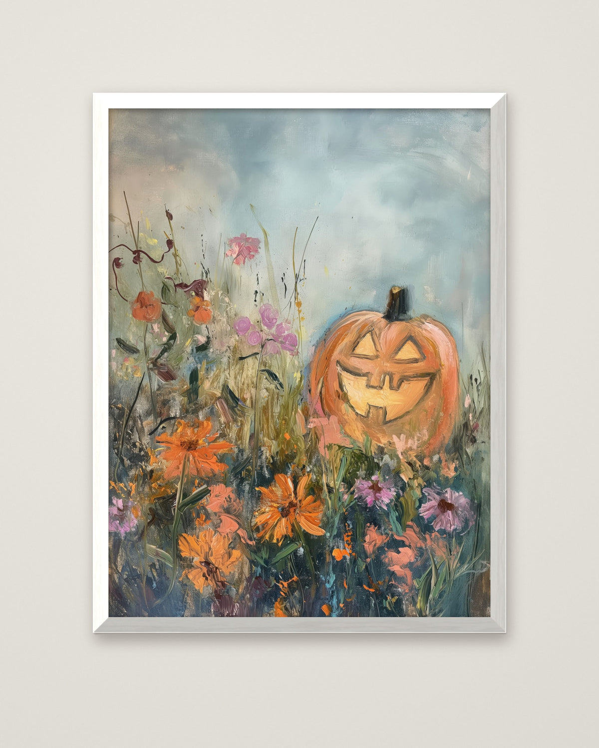 Halloween Pumpkin Wildflower Painting in a white frame