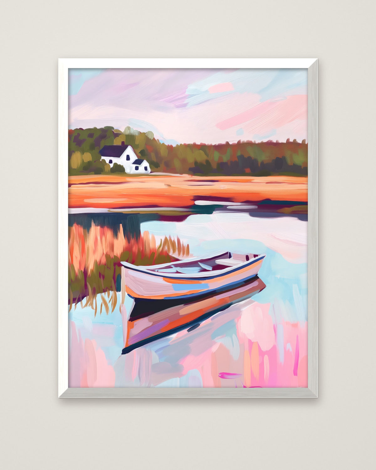 Harbor Sunset Impressionist Art in a white frame
