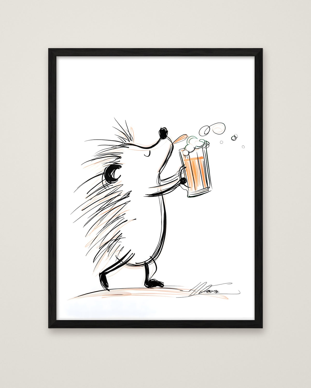 Hedgehog Beer Mug Art in a black frame