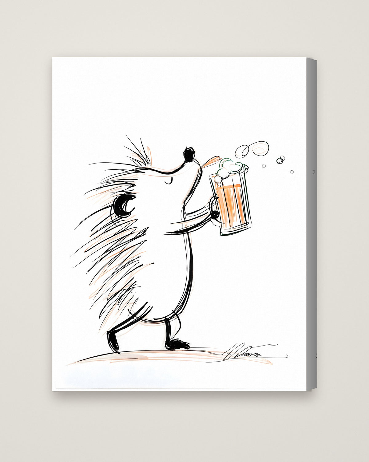 Hedgehog Beer Mug Art as a stretched canvas