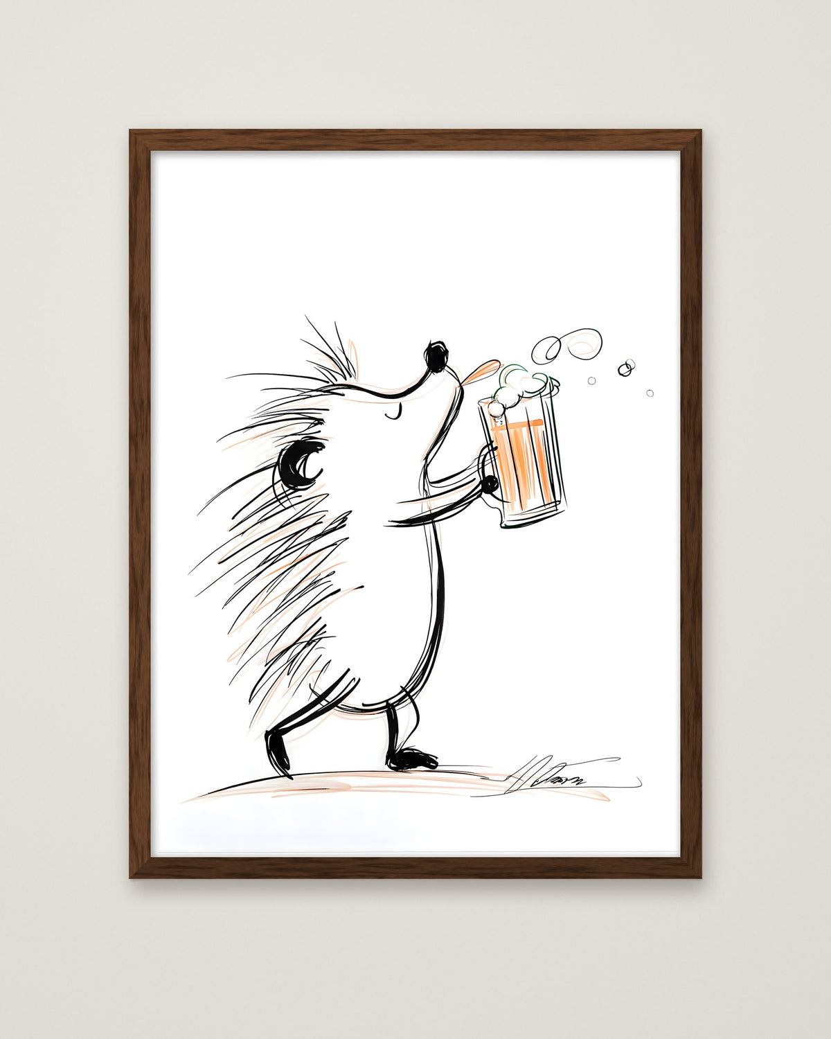 Hedgehog Beer Mug Art in a dark wood frame