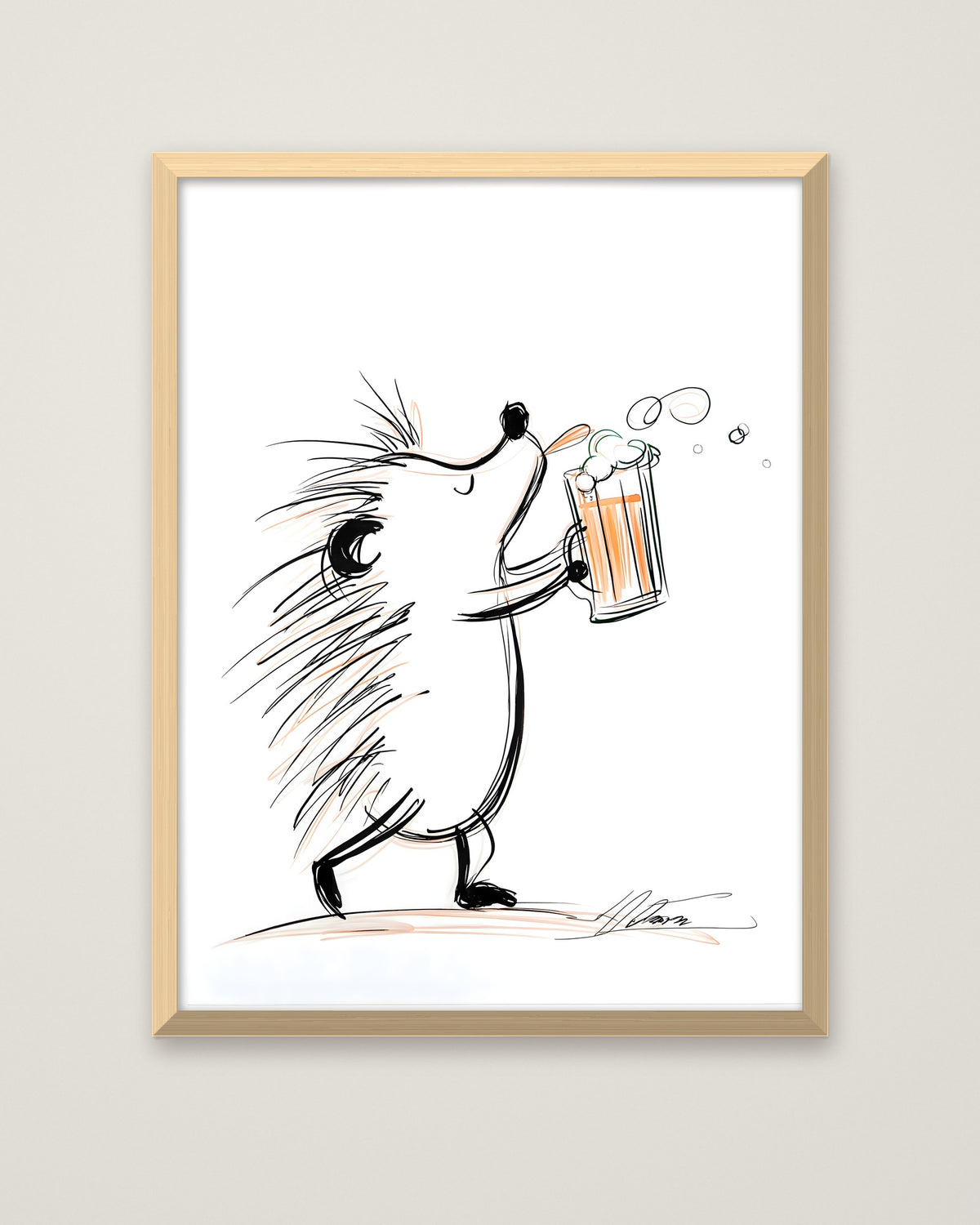 Hedgehog Beer Mug Art in a natural wood frame