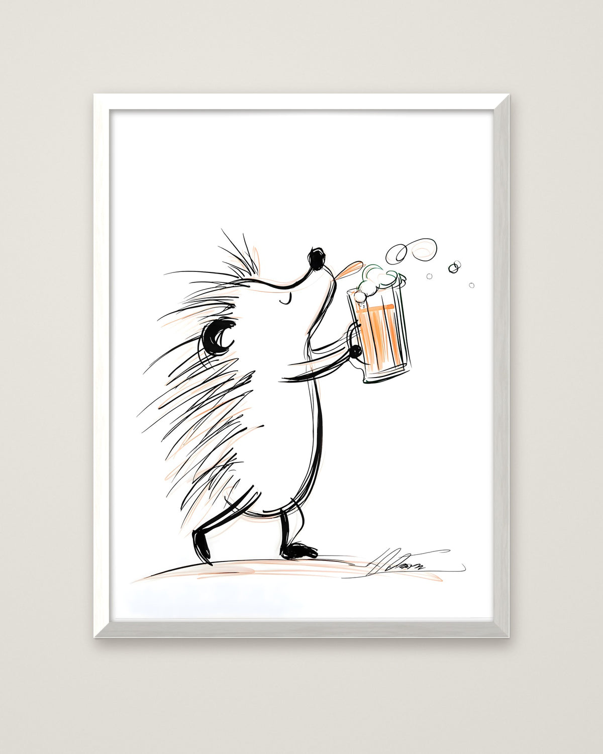 Hedgehog Beer Mug Art in a white frame