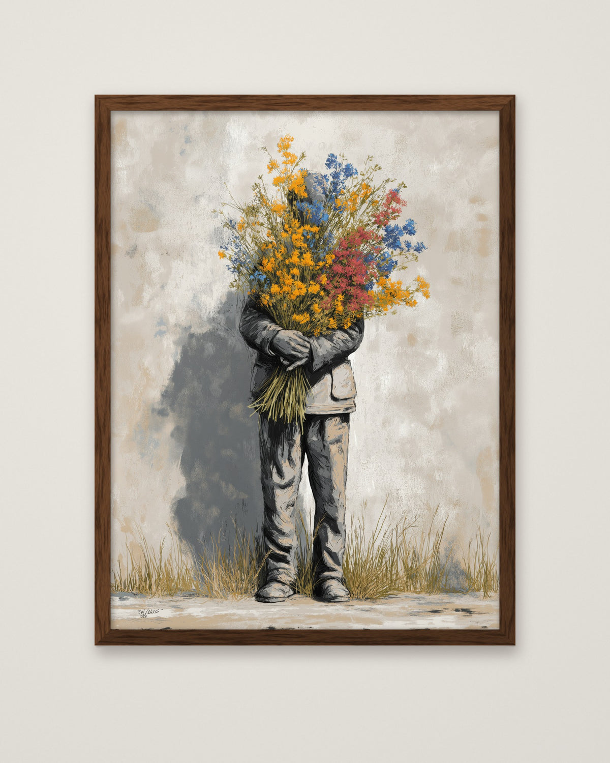 Hidden Bouquet Graffiti Flower Art in a dark wood frame